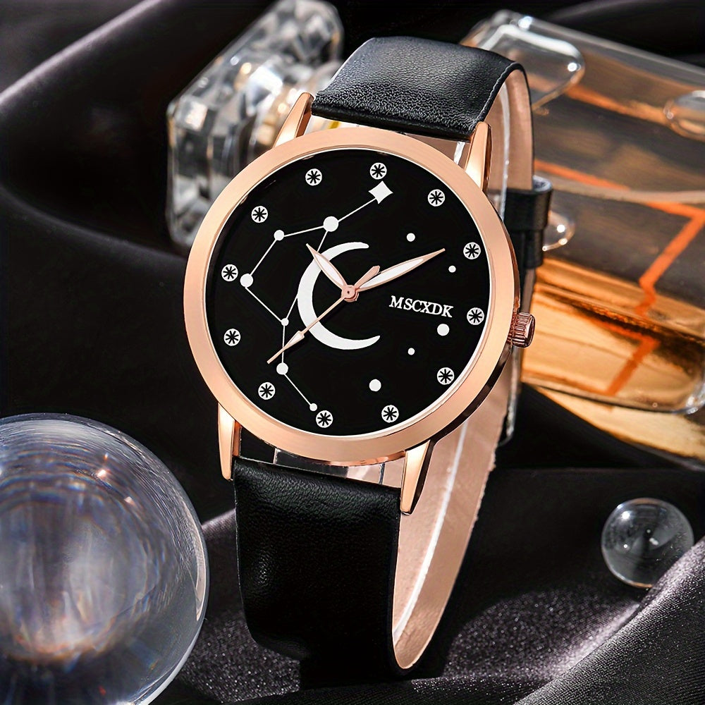 Women's 3-Piece Watch Set with Quartz Movement Faux Leather Wristwatches Wallet Glasses