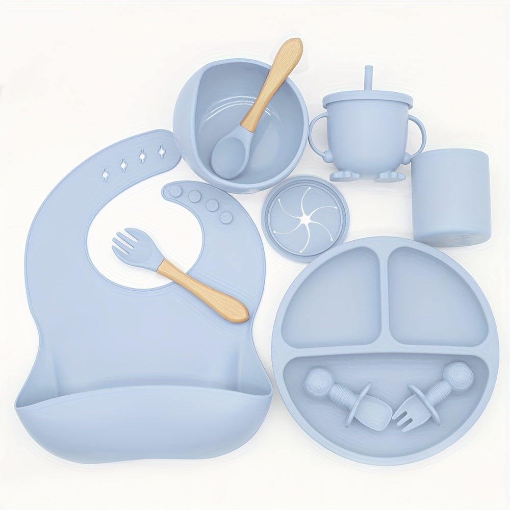 Набор для кормления малыша, 9 предметов: силиконовый нагрудник, ложка, вилка, присоска, тарелка, блюдце, чашки для младенцев