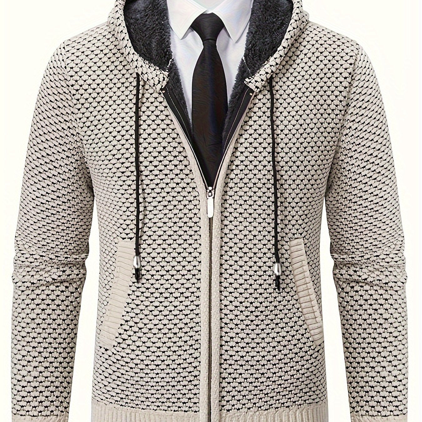 Men's Fish Scales Knit Cardigan with Hood Pockets Long Sleeve Fall Winter Polyester