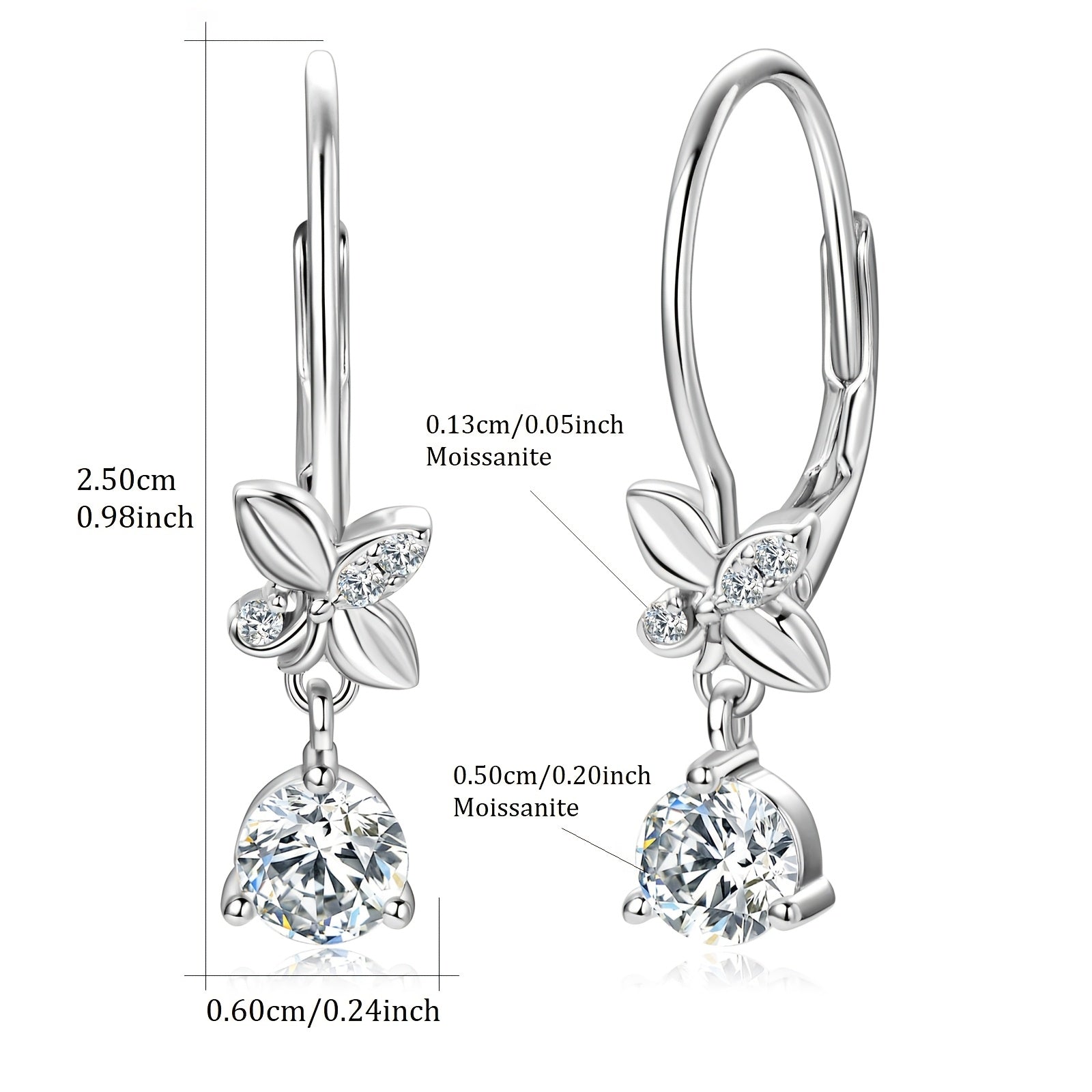 Ushbu 925 Silver sirg'alar 5mm x 2 dona va 1.3mm x 6 dona o'lchamdagi Moissanite toshlaridan iborat. Umumiy karat og'irligi 0.53ct x 2 dona bo'lib, bu ajoyib va zamonaviy osma sirg'alar hosil qiladi. Ushbu dumaloq sintetik Moissanite sirg'alar.
