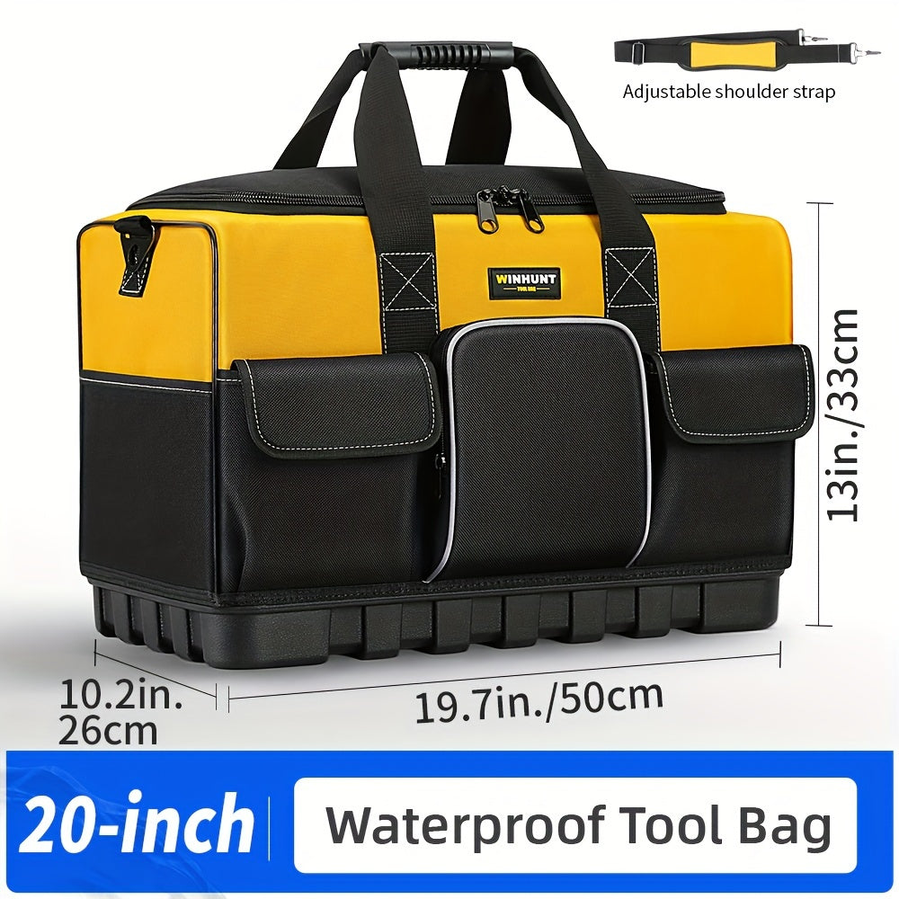 Large Waterproof Heavy Duty Tool Bag with Molded Base Polyester Black Yellow Adjustable Shoulder Strap