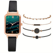 5 ta ayollar uchun kundalik to'rtburchakli kvarts soatlar to'plami, charm taqilgan va bilaguzuklar bilan