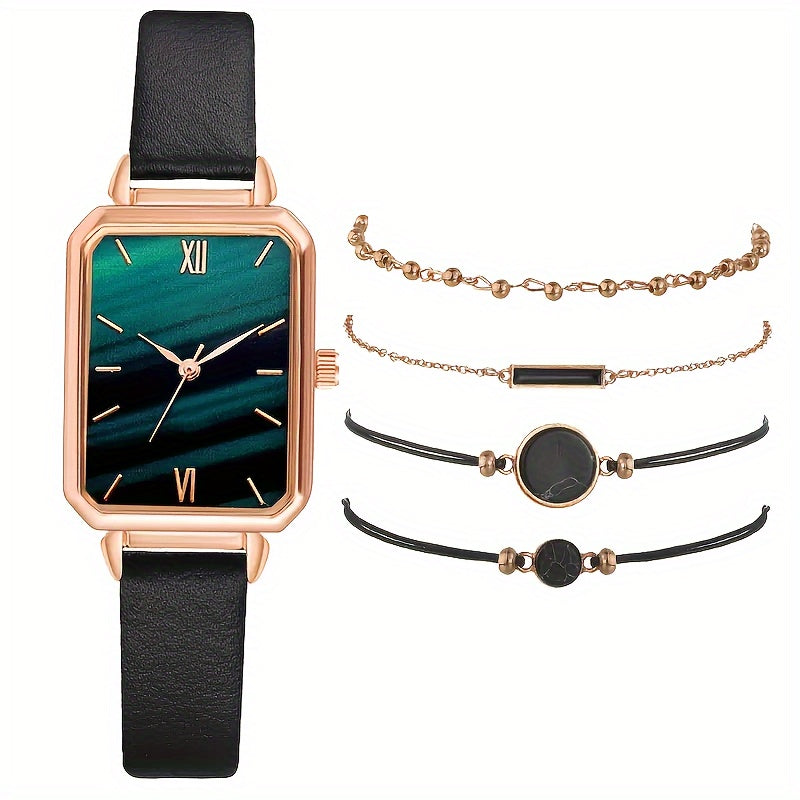 5 ta ayollar uchun kundalik to'rtburchakli kvarts soatlar to'plami, charm taqilgan va bilaguzuklar bilan