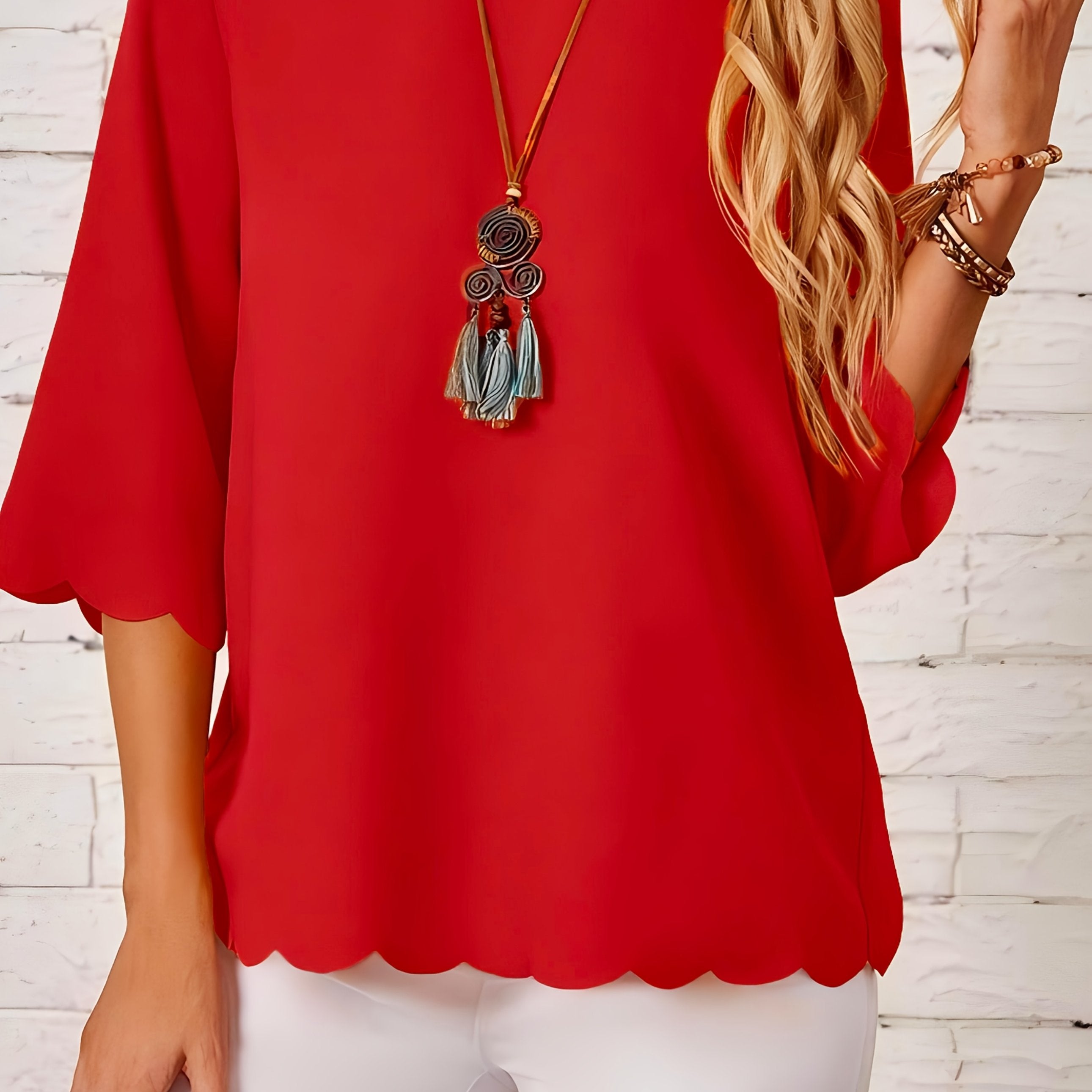 Women's Green Ruffled Hem Blouse Stretchy Round Neck Casual Formal Wear