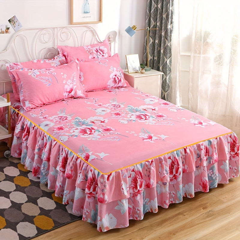 Set of 3 Tropical Floral Bedding Set with Lace Bed Skirt and Pillowcases Ruffled Edges Purple