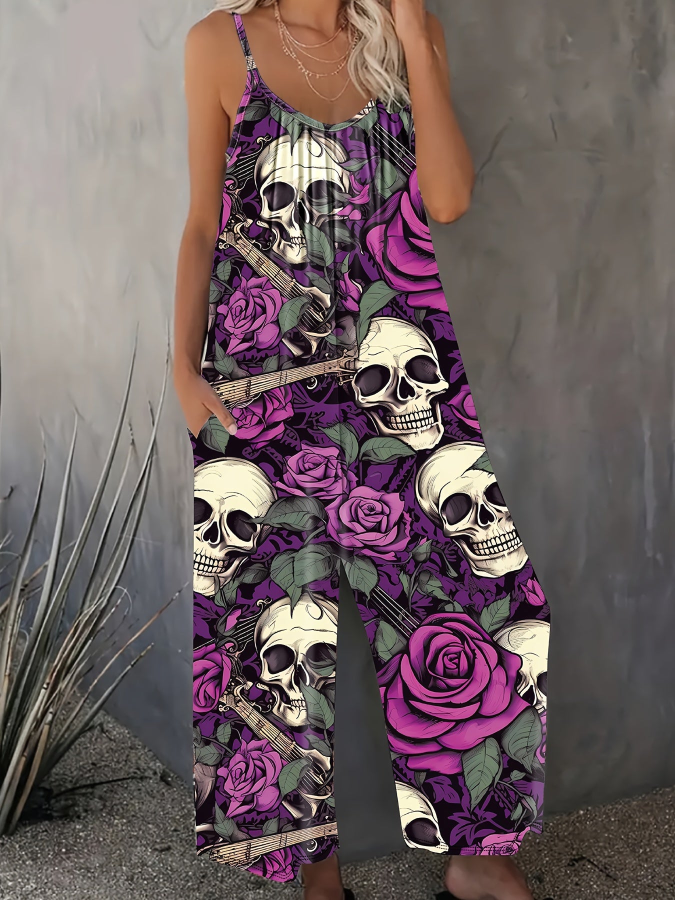 Leggings largos de verano con estampado de estilo gótico para mujer en negro talla plus