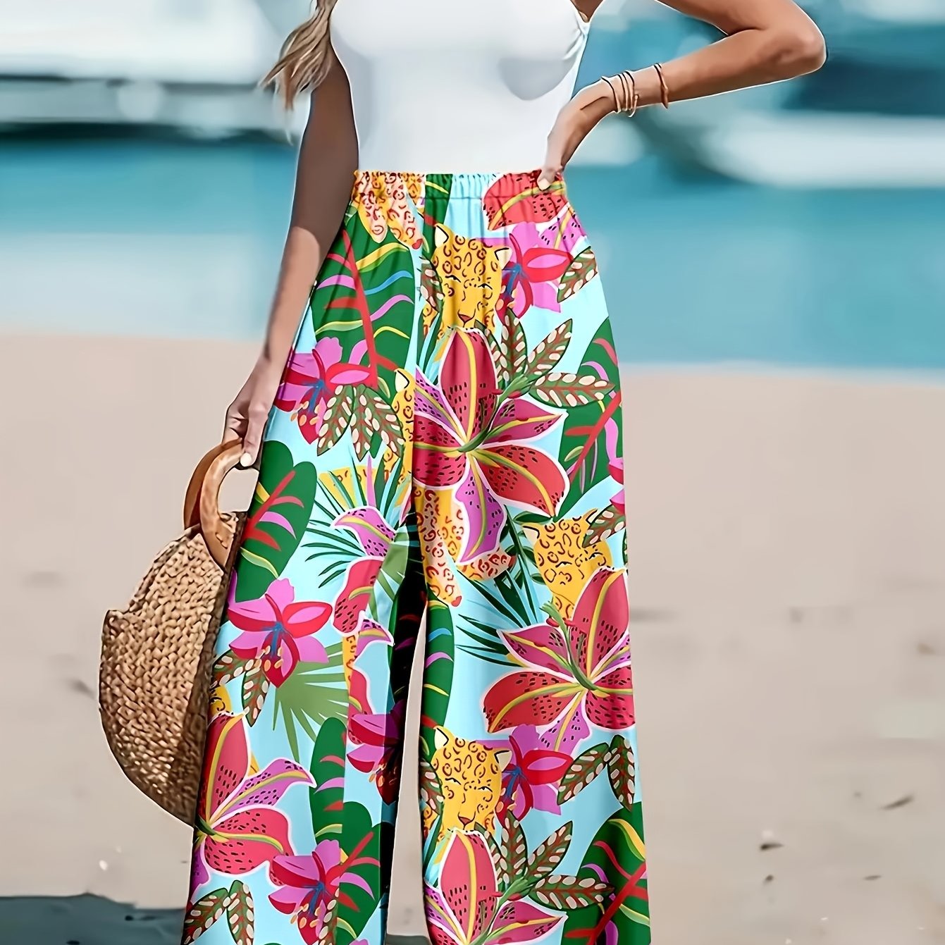 Women's Plus Size Tropical Print High-Waisted Loose Pants Casual Vacation Wear