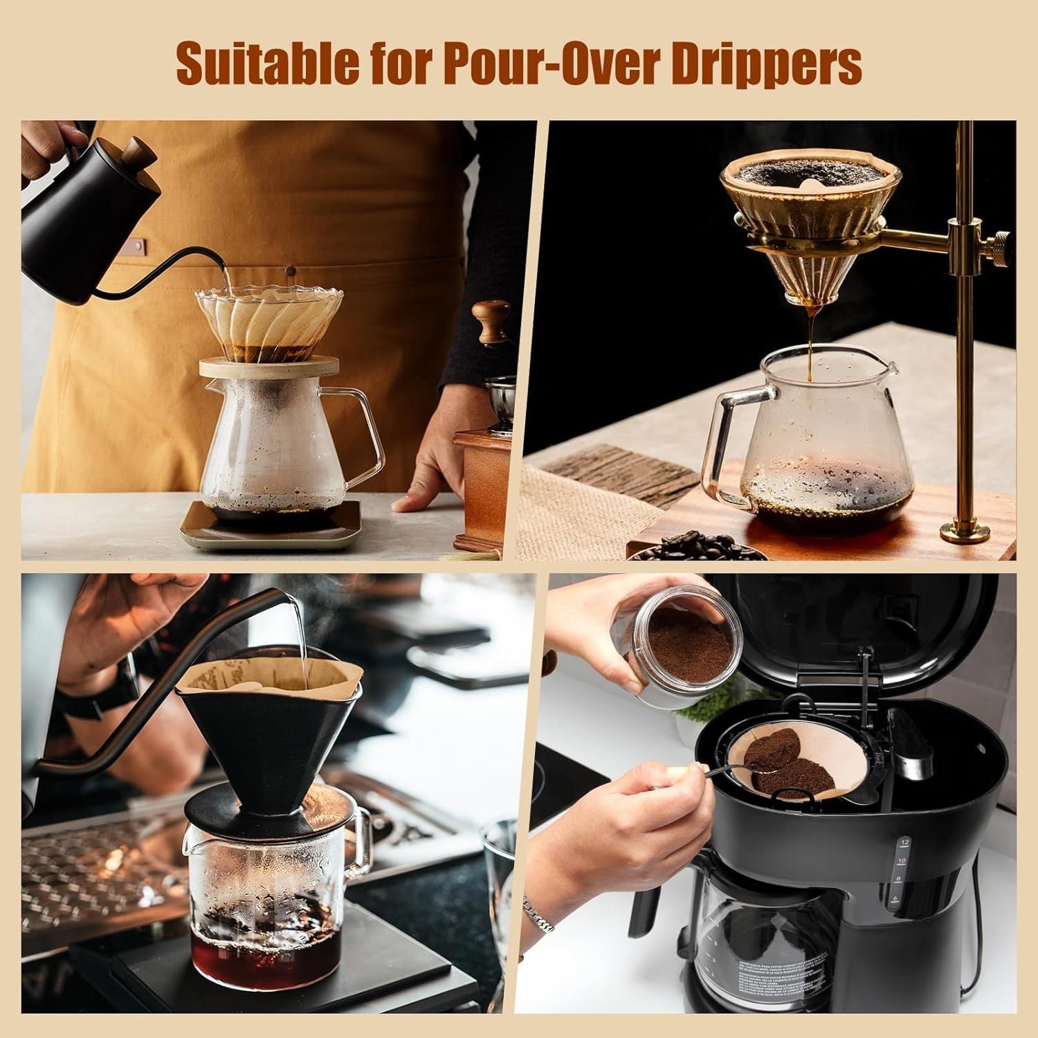 100 dona konusli qahva filtrlari 02 o'lcham V60 Pour-Over Drippers bilan mos keladi