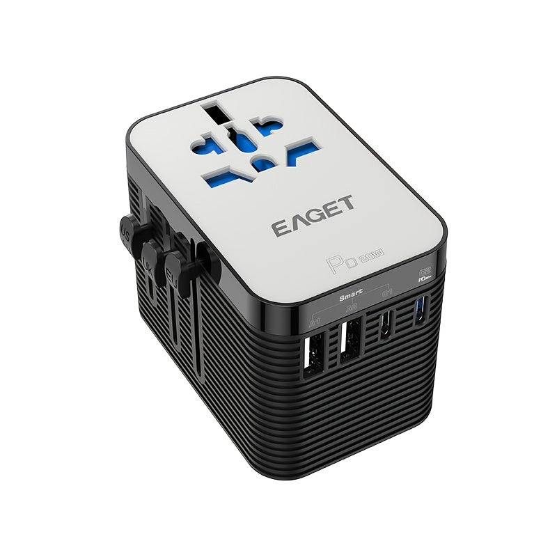 EAGET PD 20W Universal Sayohat Zaryadlovchisi 2 USB-A va 2 USB-C Port bilan, iPhone, Samsung, Vivo, Xiaomi uchun Tez Zaryad, Bir nechta Mamlakatlar uchun Barcha-in-Bir Socket Adapter, Siqilgan va Mustahkam.