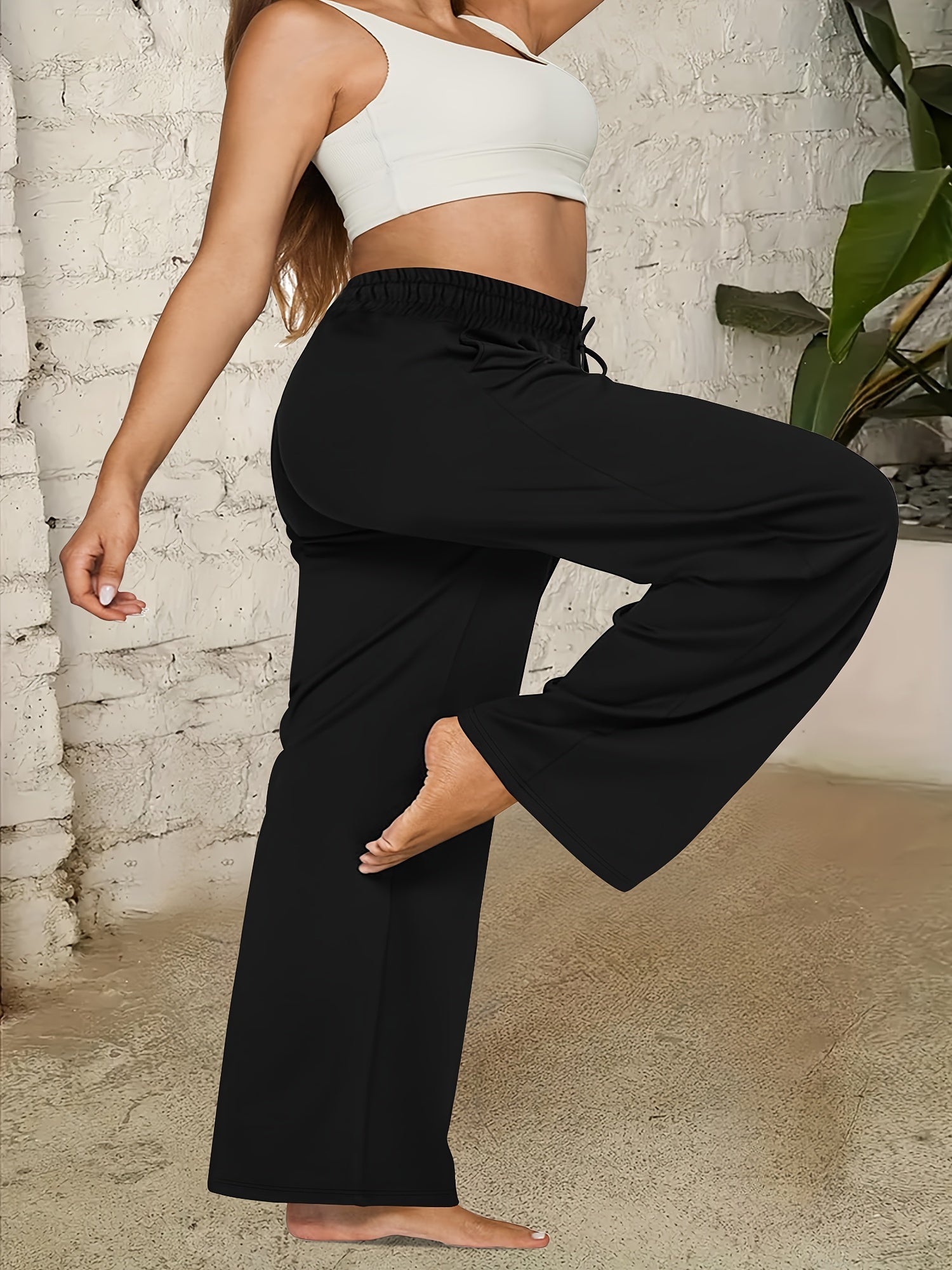 Plus Size Solid Color Pants Casual Drawstring Waist with Pockets Women