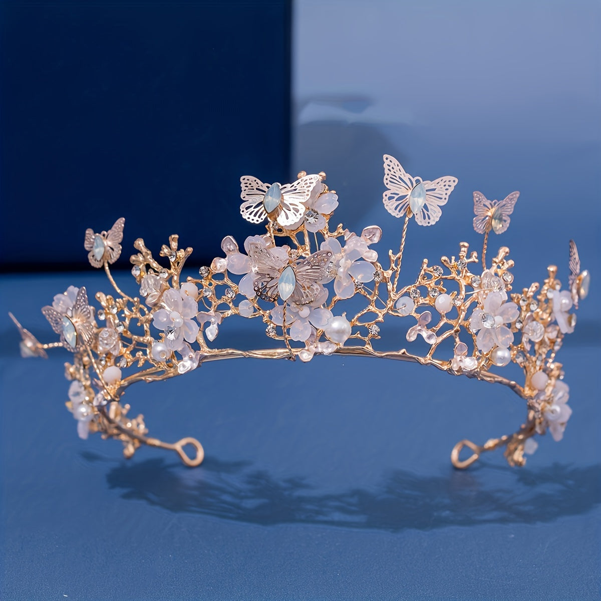 Set of 3 Bridal Jewelry Pieces Rhinestone Butterfly Tiara Faux Pearl Floral Headband Necklace Earrings