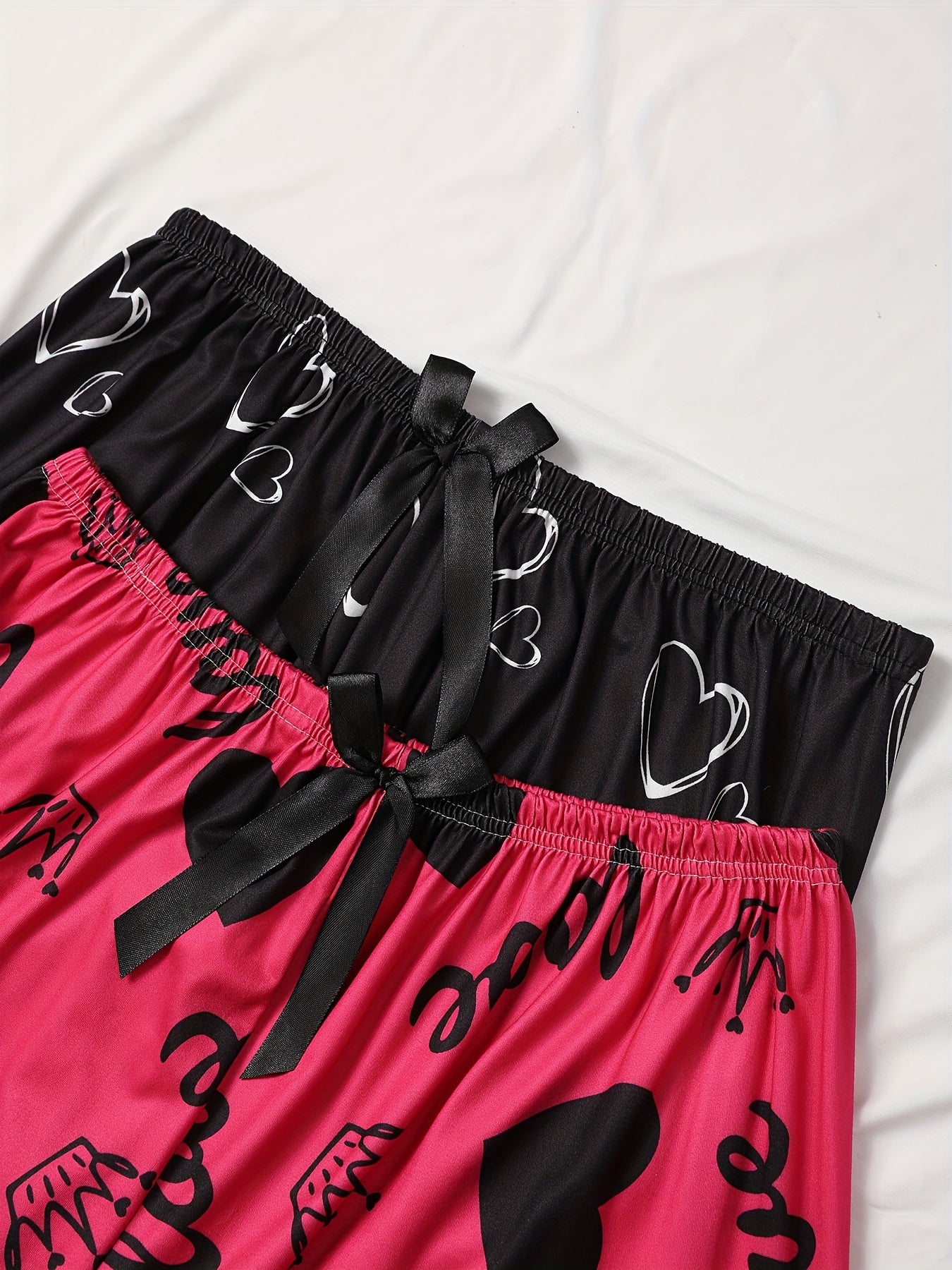 Plus Size Sleep Pants Women All-Season Heart Pattern Knit Fabric with Bow Detail