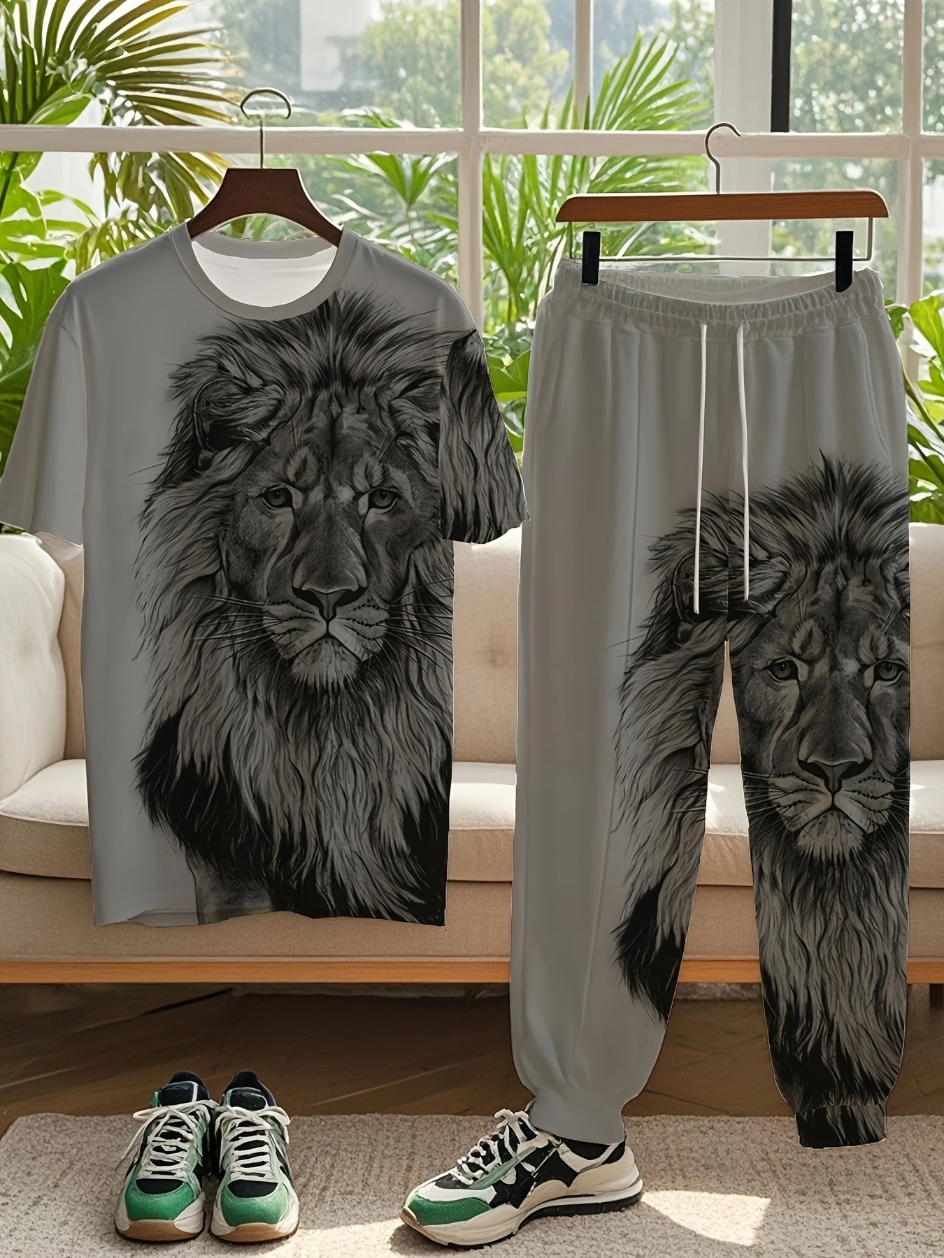 Men's Plus Size Lion Print Casual Outfit Short Sleeve T-Shirt and Sweatpants Set Summer Knit Fabric