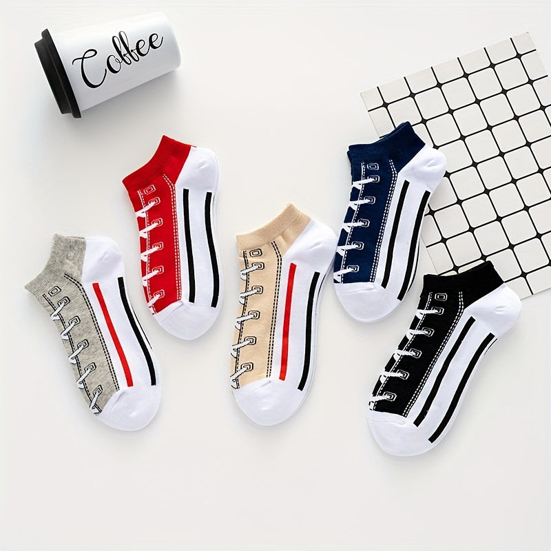 Men's Ankle Socks 5 Pairs Cartoon Shoelace Print Breathable Sweat-Absorbing