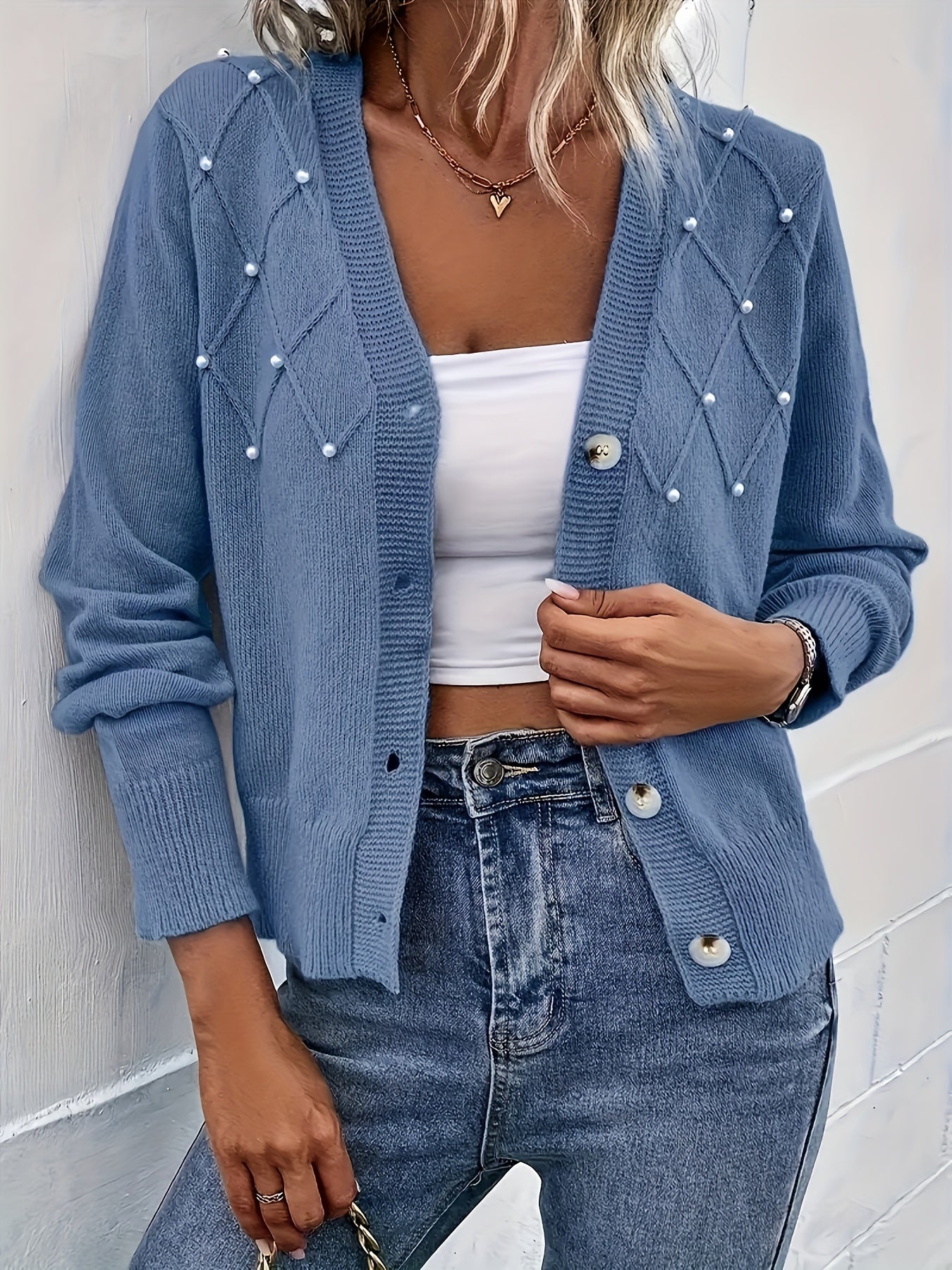 Women's Light Gray Pearl Embroidered Cardigan Long Sleeve Diamond Pattern