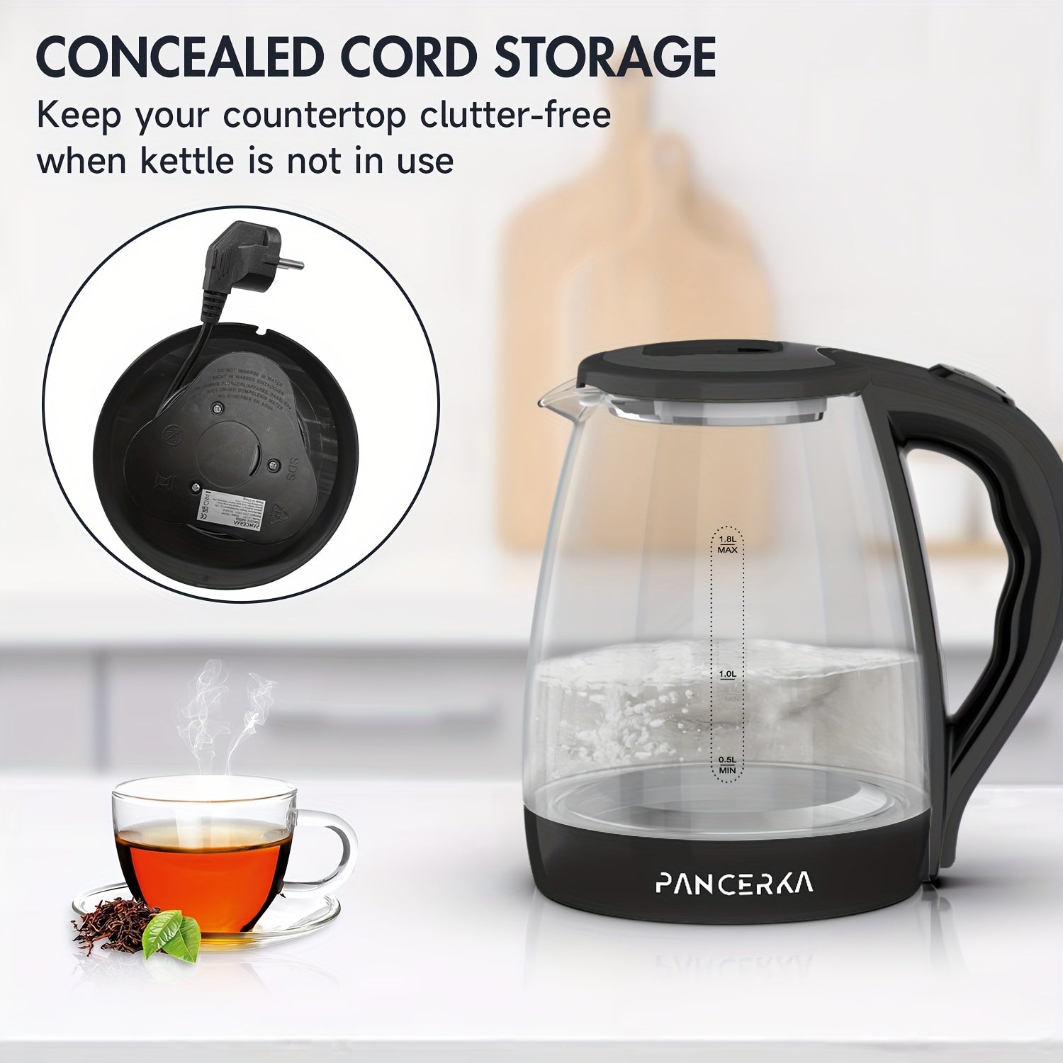 Electric Kettle 1.8L Borosilicate Glass 1500W Auto Shutoff Boil-Dry Protection