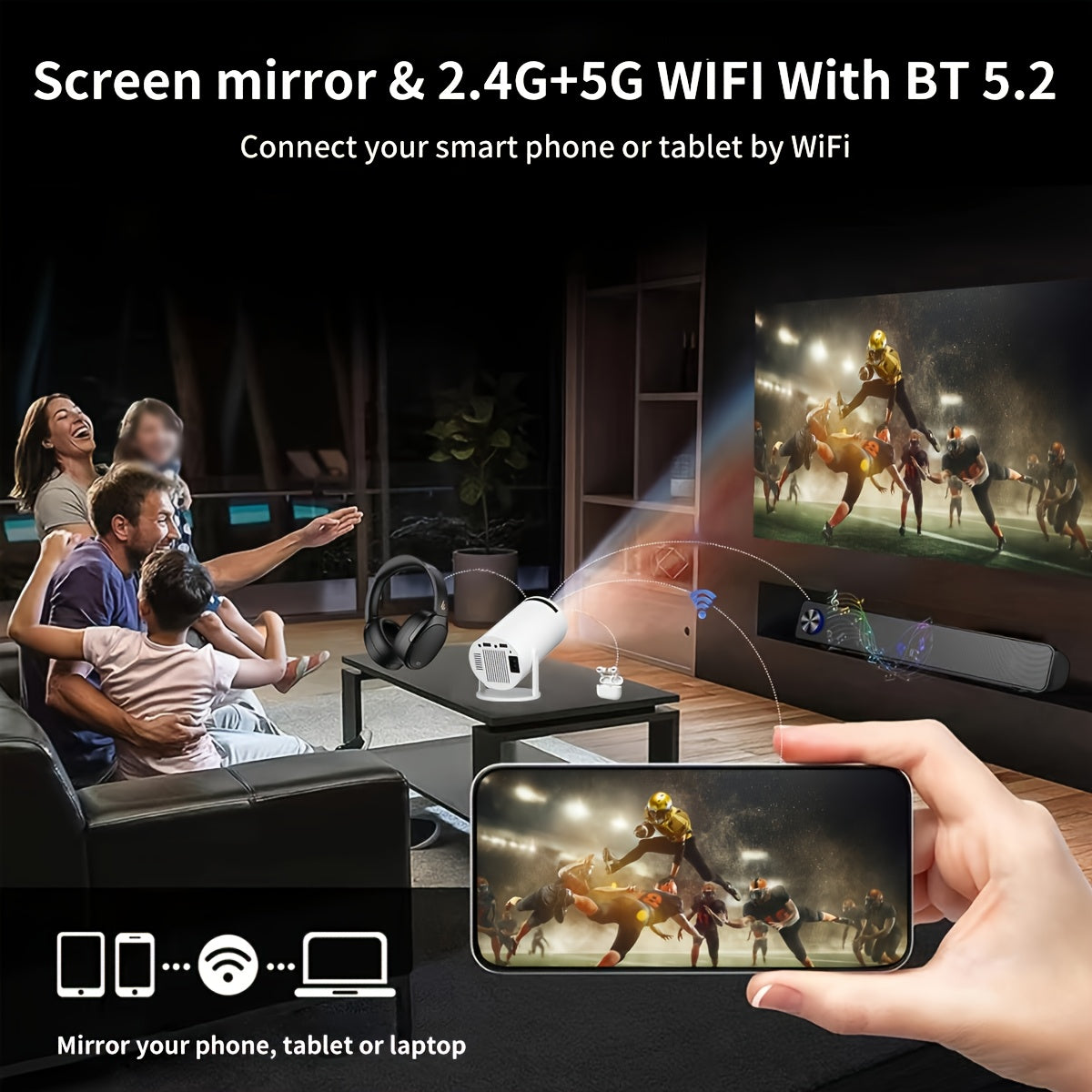Mini Wireless Portable Projector with WiFi 6 1080P Support for Phone PC