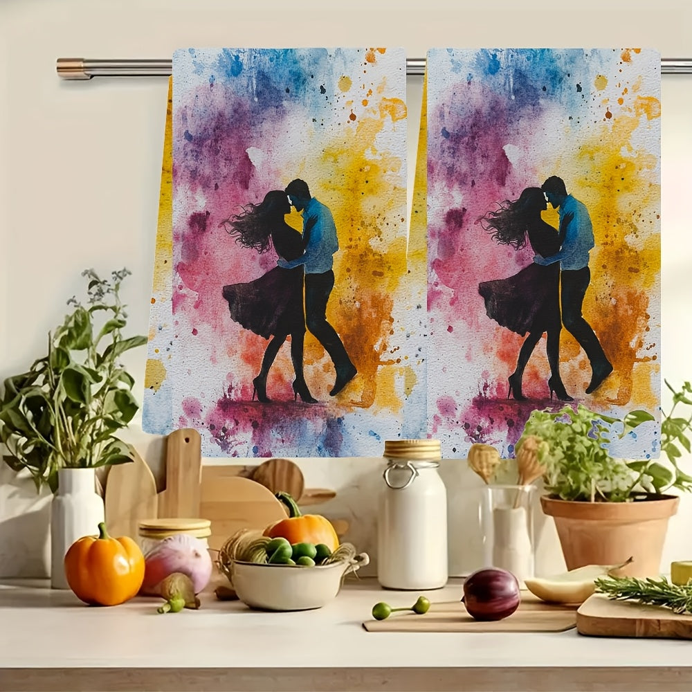 Luxury Ultra Soft Kitchen Towels 2 Pack Dancing Couple Design Watercolor Splash