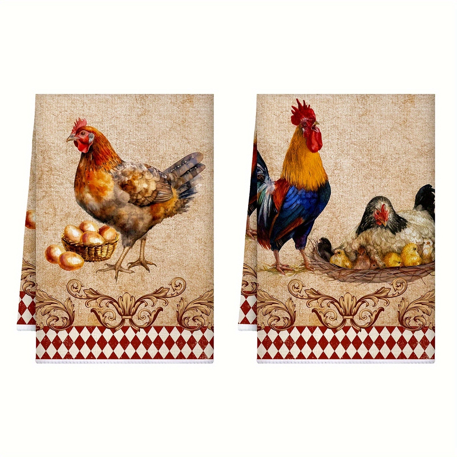 4pc Rustic Rooster Kitchen Hand Towels Polyester Dish Cloths Vintage Christmas Tea Towels