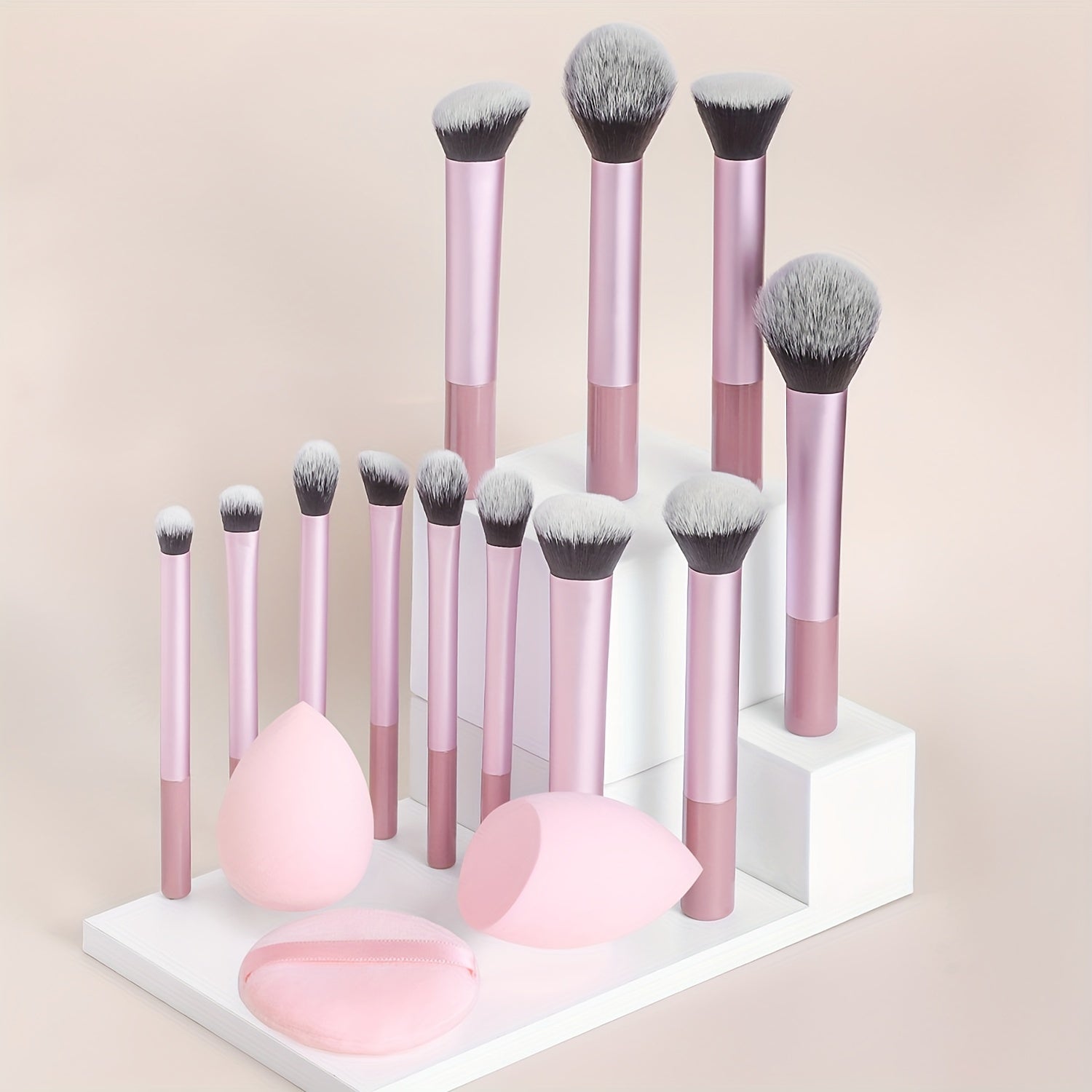 12-Piece Professional Makeup Brush Set with Nylon Bristles, Palm Brushes, Sponges and Powder Puff
