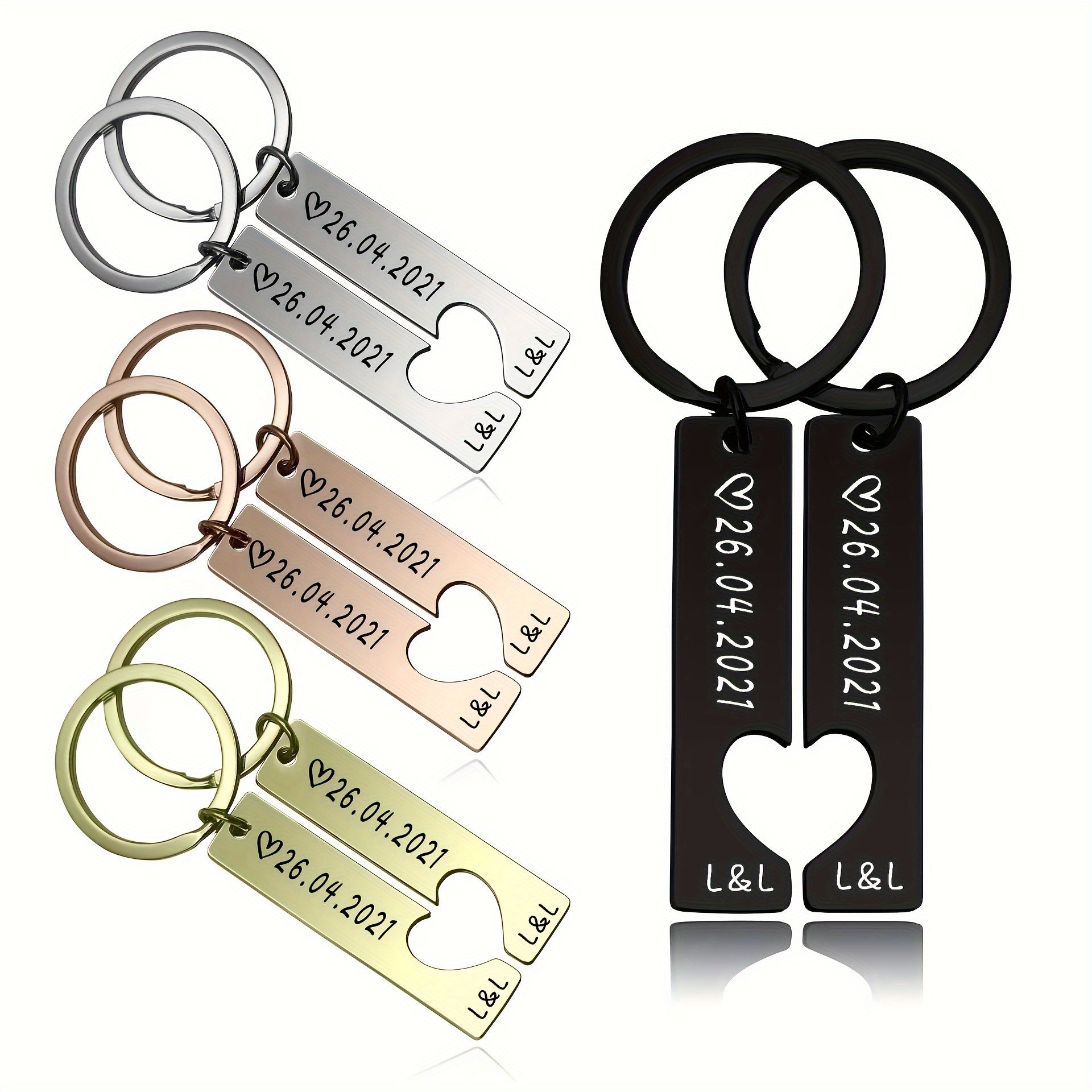 Personalized Stainless Steel Couple Keychains with Date for Anniversary or Birthday