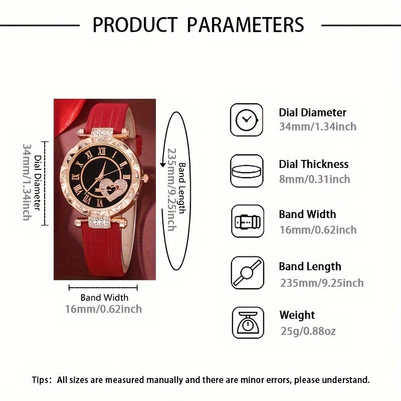 5 ta ayollar uchun romantik rhinestone yurak soatlari to'plami, kvarts mexanizmi va PU charm bandlari bilan