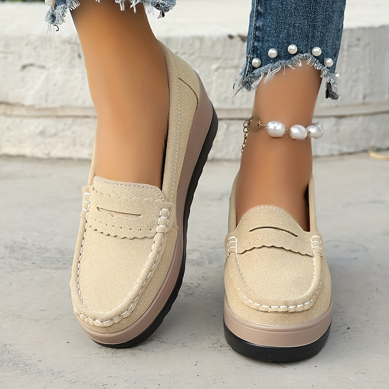 Women's Platform Loafers Slip-On Casual Shoes Non-Slip Solid Color