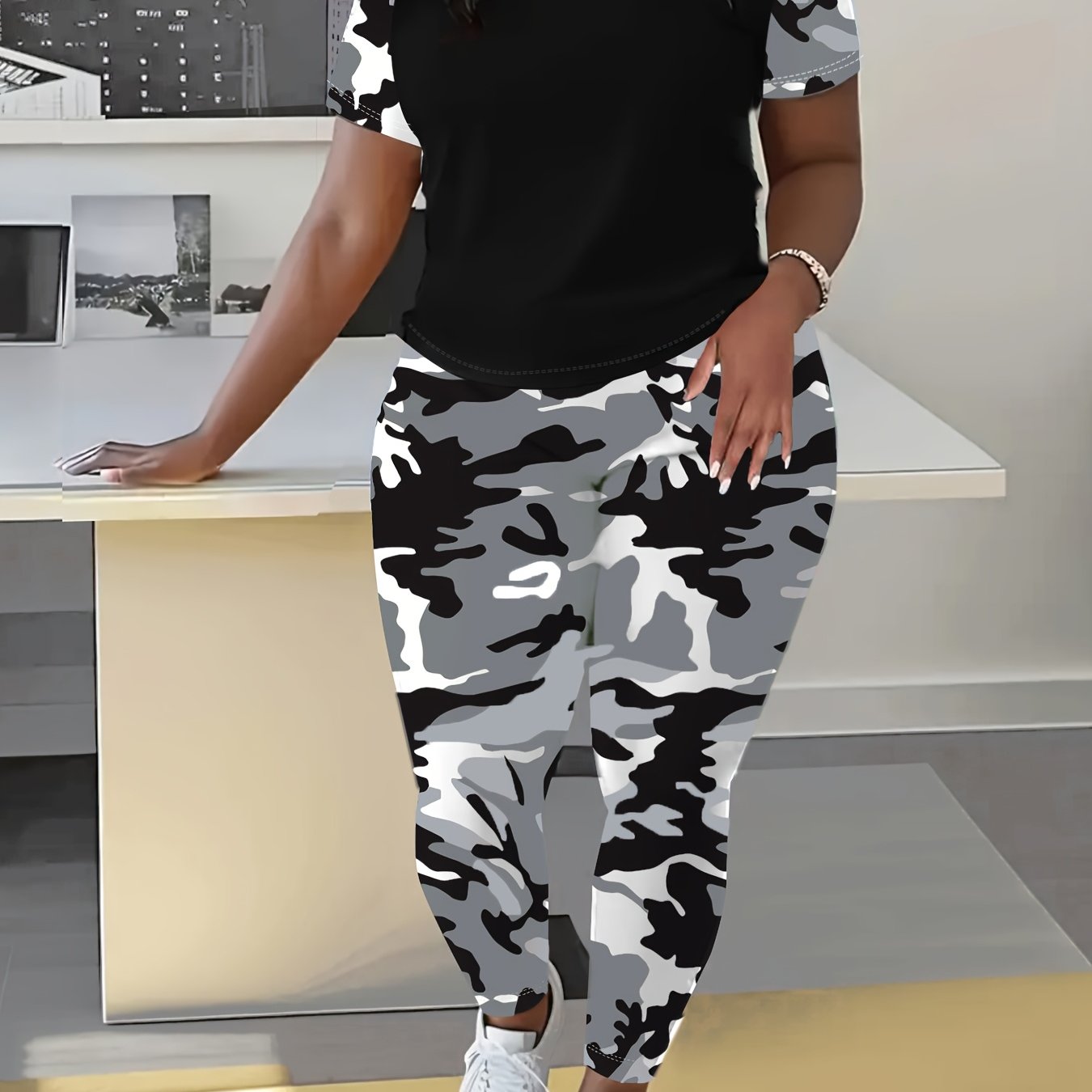 Women Camouflage Short Sleeve Wide Leg Pants Suit Large Size