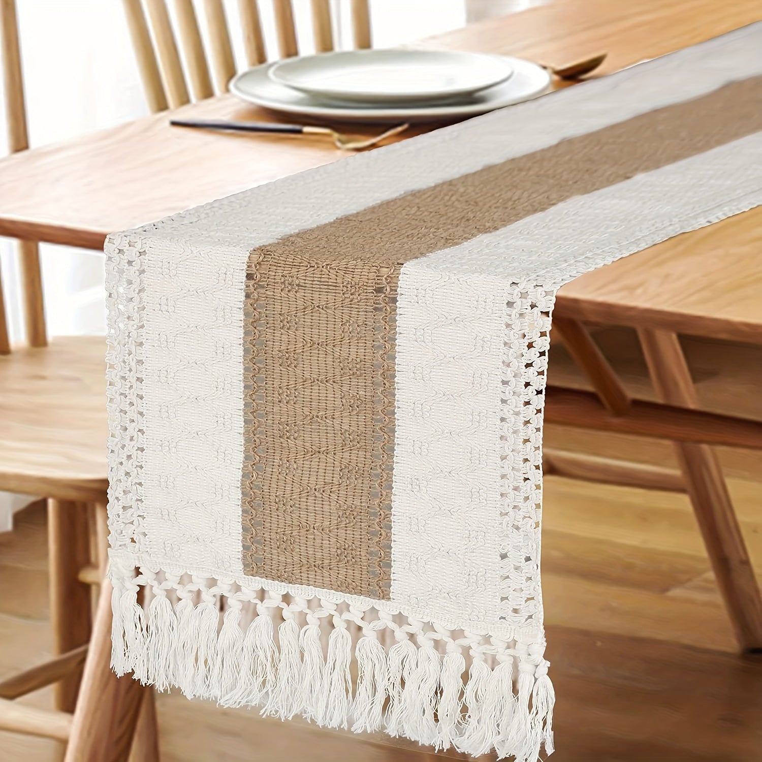 Boho Farmhouse Style Polyester Table Runner with Brown Macrame and Tassels for Holiday and Wedding Decor