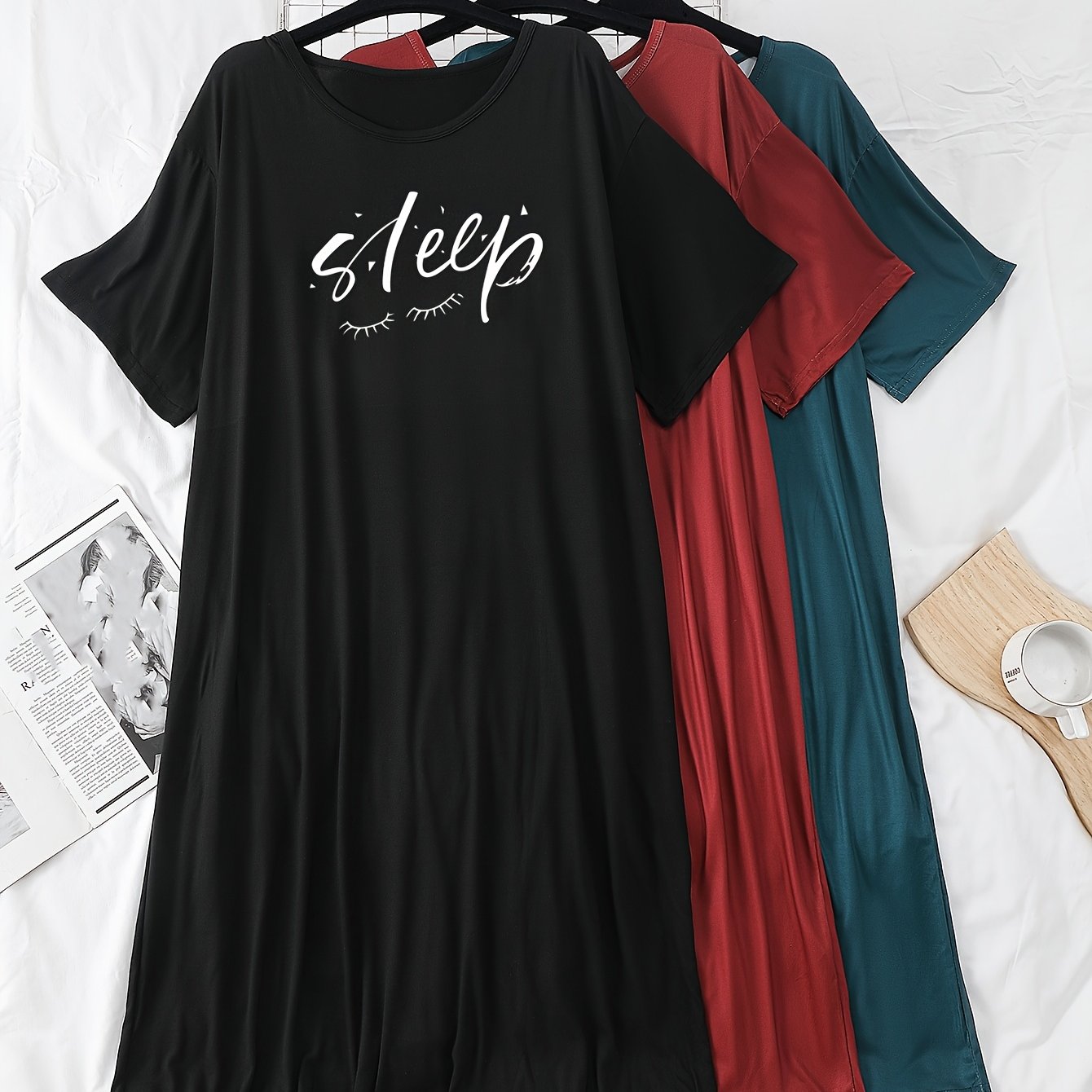 Women's 3pcs Letter Print Sleepwear Soft Stretch Short Sleeve Pajamas