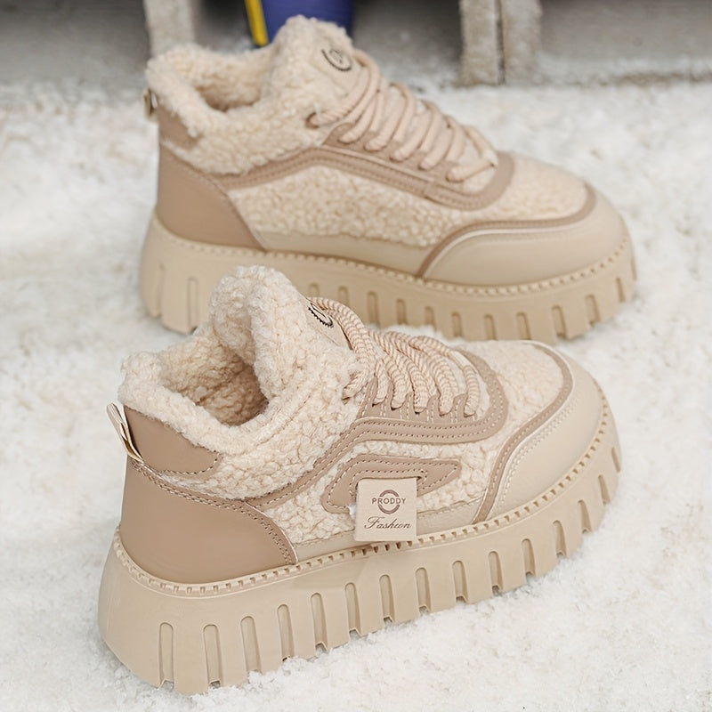 Women's Winter Snow Boots Beige Black Platform Traction Lace-Up Ankle Waterproof