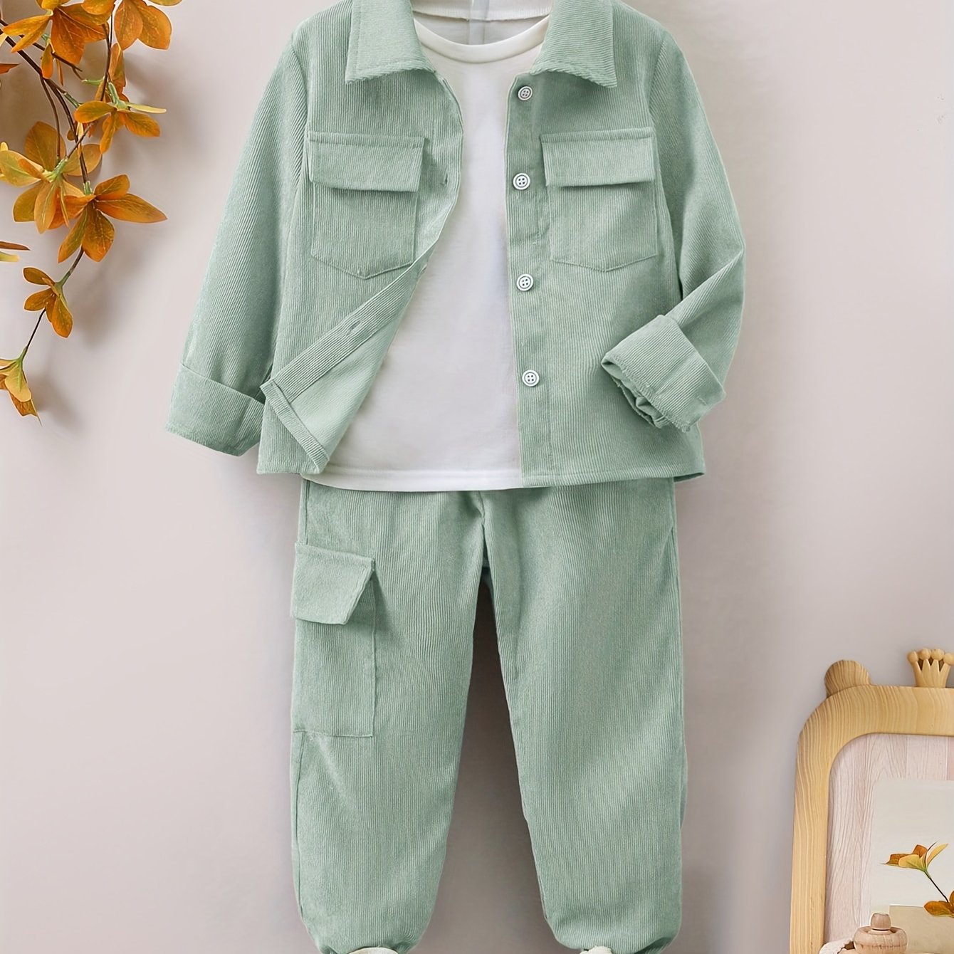 Boys' Casual Corduroy Co-Ord Set with Long Sleeve Shirt and Jogger Pants for Spring and Fall