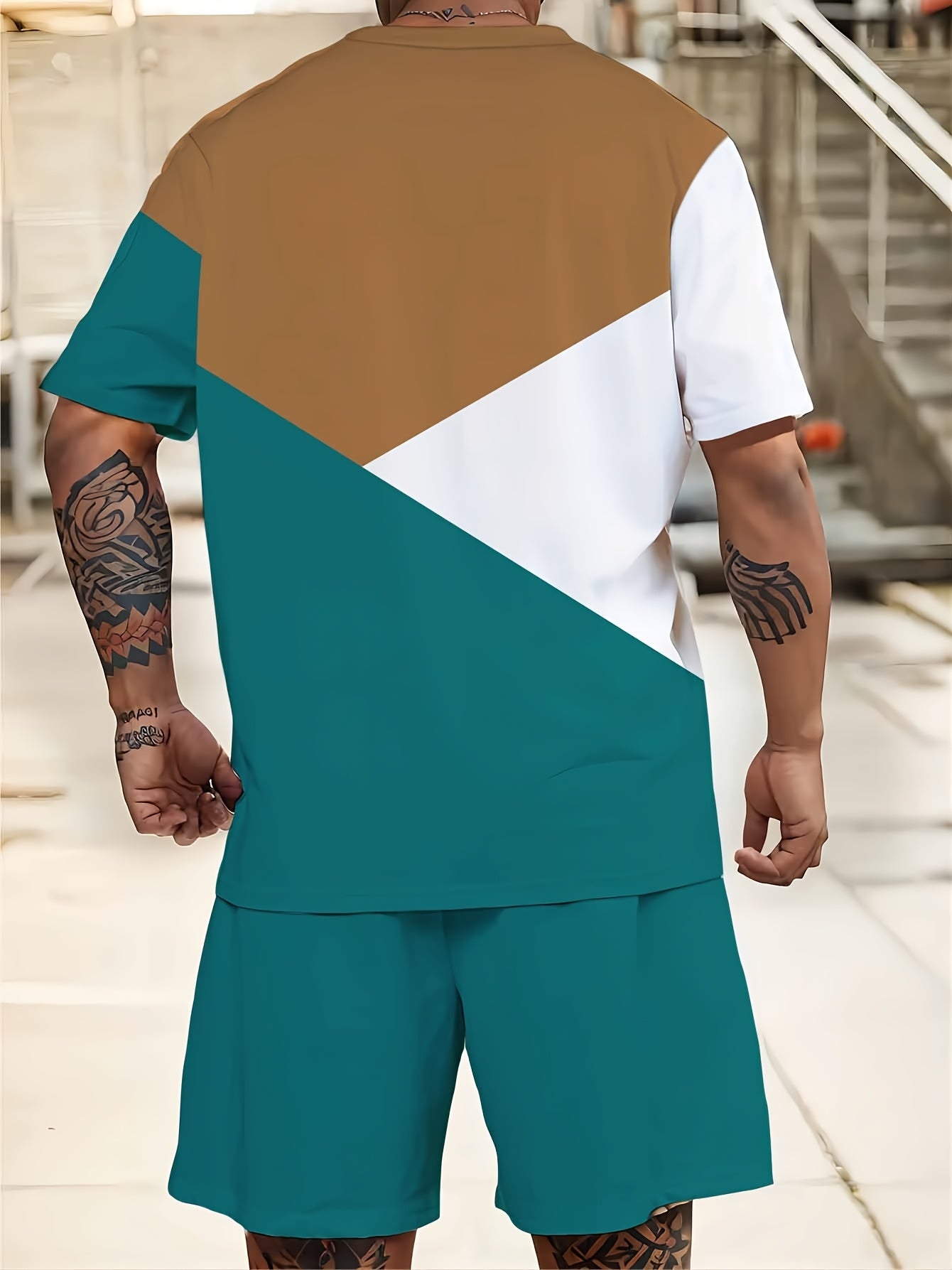 Мужской повседневный спортивный комплект большого размера с цветными блоками, футболка с круглым вырезом и шорты на шнурке