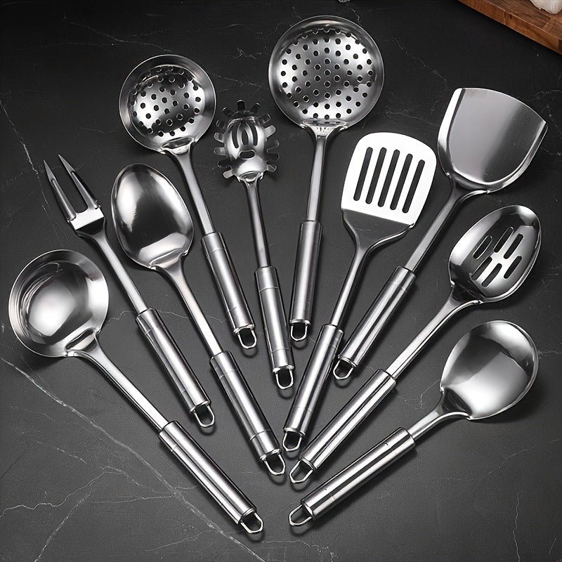 Set of 10 Stainless Steel Kitchen Utensils with Spatula Ladle Slotted Turner and More