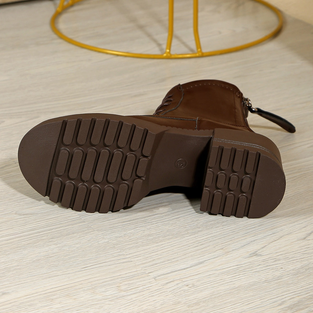 Women Chunky Platform Ankle Boots Brown Faux Leather Round Toe with Zipper