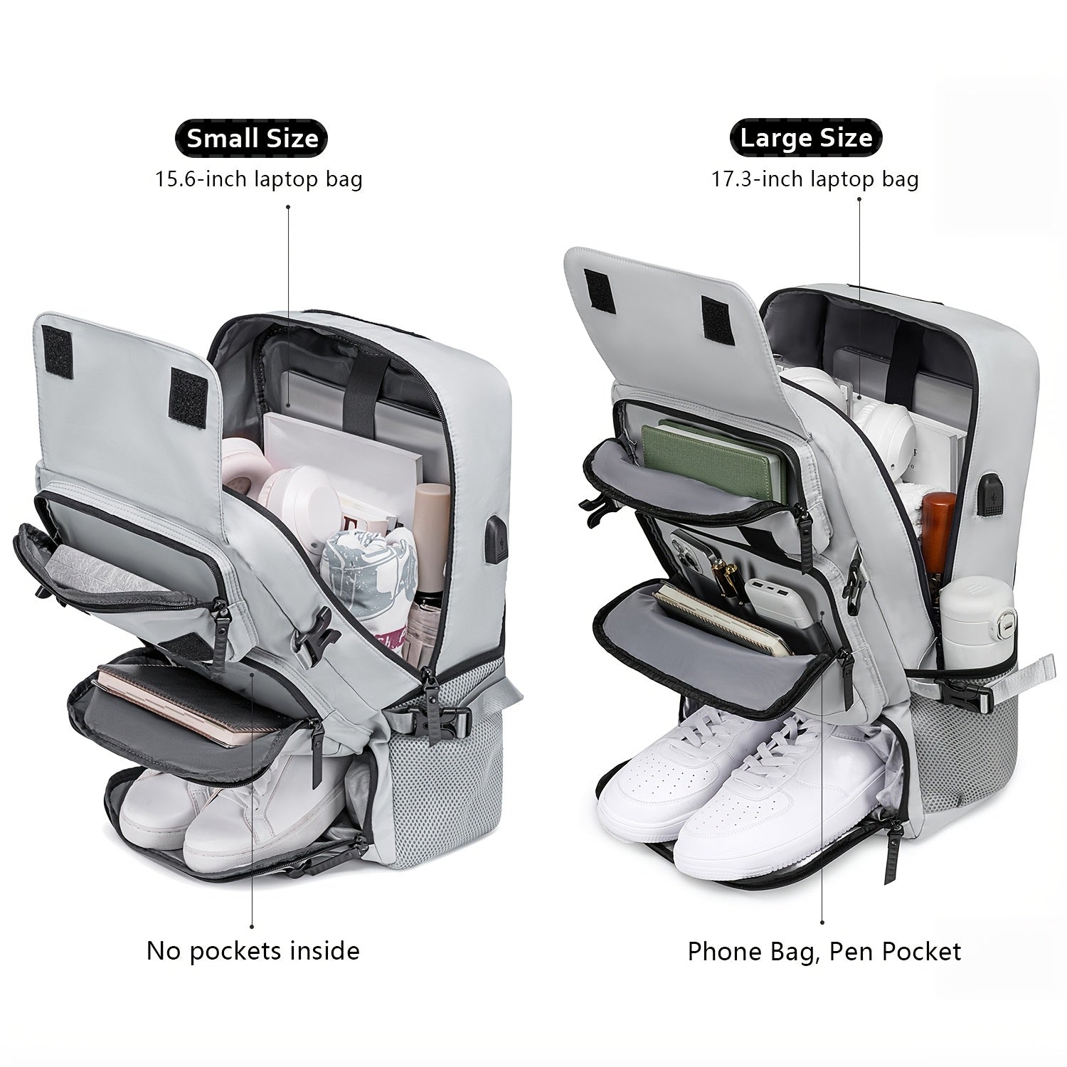 Erkaklar uchun sayohat ruksagi, katta sig'imga ega, piyoda yurish, biznes va noutbuklar uchun, suv o'tkazmaydigan poyabzal sumkasi bilan birga.