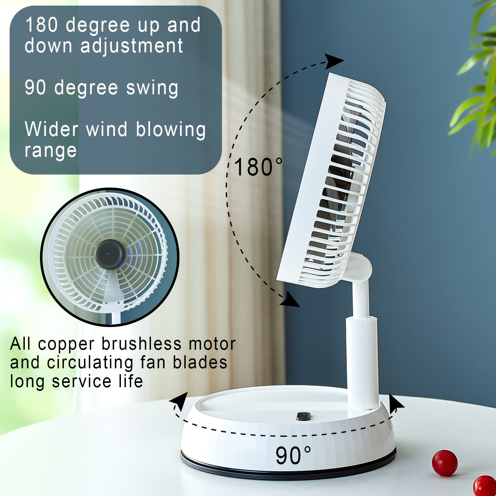 Portable Retractable Floor Fan with Remote, Rechargeable Battery, Oscillating Indoor Outdoor Fan