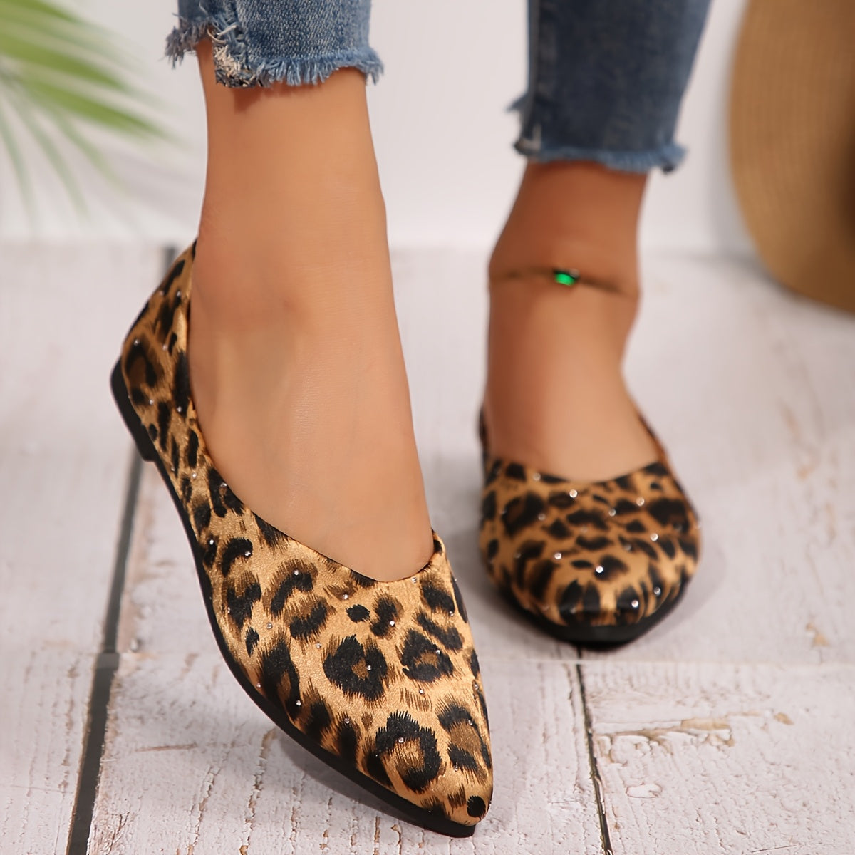 Women's Leopard Print Mary Jane Flats Pointed Toe Slip-On Shoes