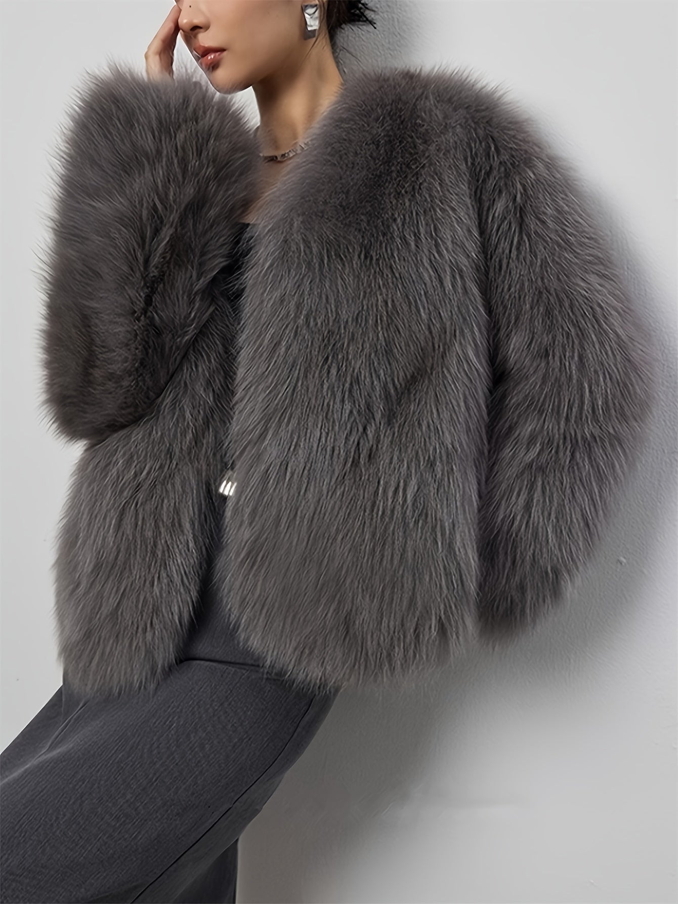 Women's Light Gray Faux Fur Coat with Fluffy Collar for Winter