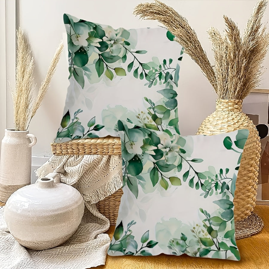 Polyester Throw Pillow Cover with Green and White Leaf Design 45cm x 45cm Machine Washable