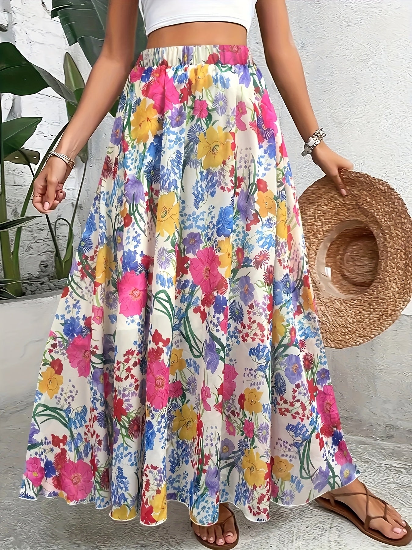 Women's Plus Size Floral Print Maxi Skirt Loose Fit Spring Summer Vacation Casual Green Pink Yellow Blue