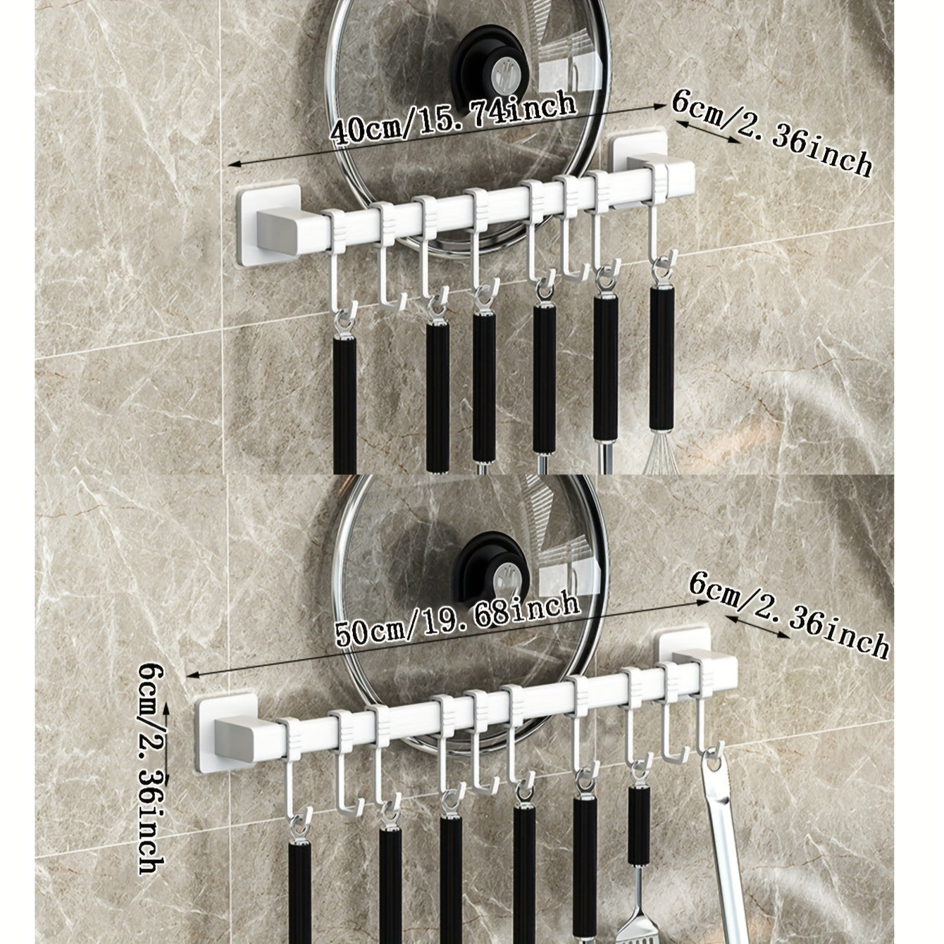 Contemporary Wall-Mounted Kitchen Utensil Holder with Movable Hooks and Organizer Shelf