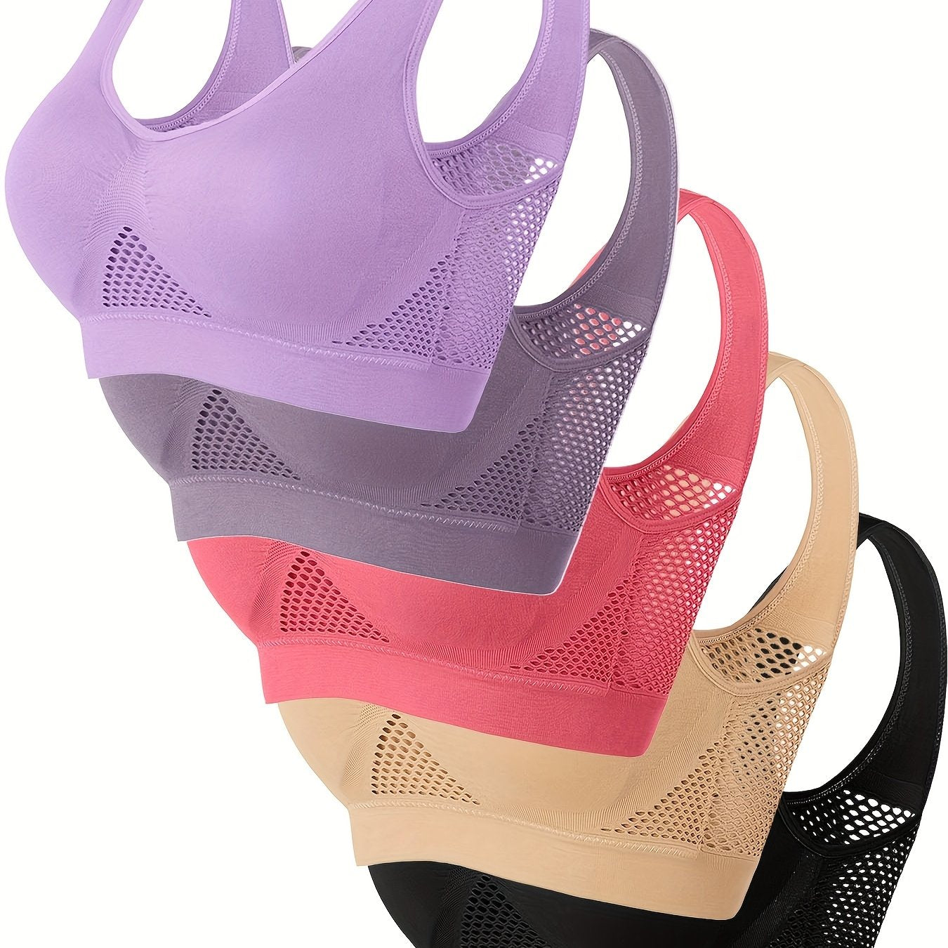 Women's Plus Size Sports Bra Solid Color Breathable High Stretch No Steel Ring 5pcs