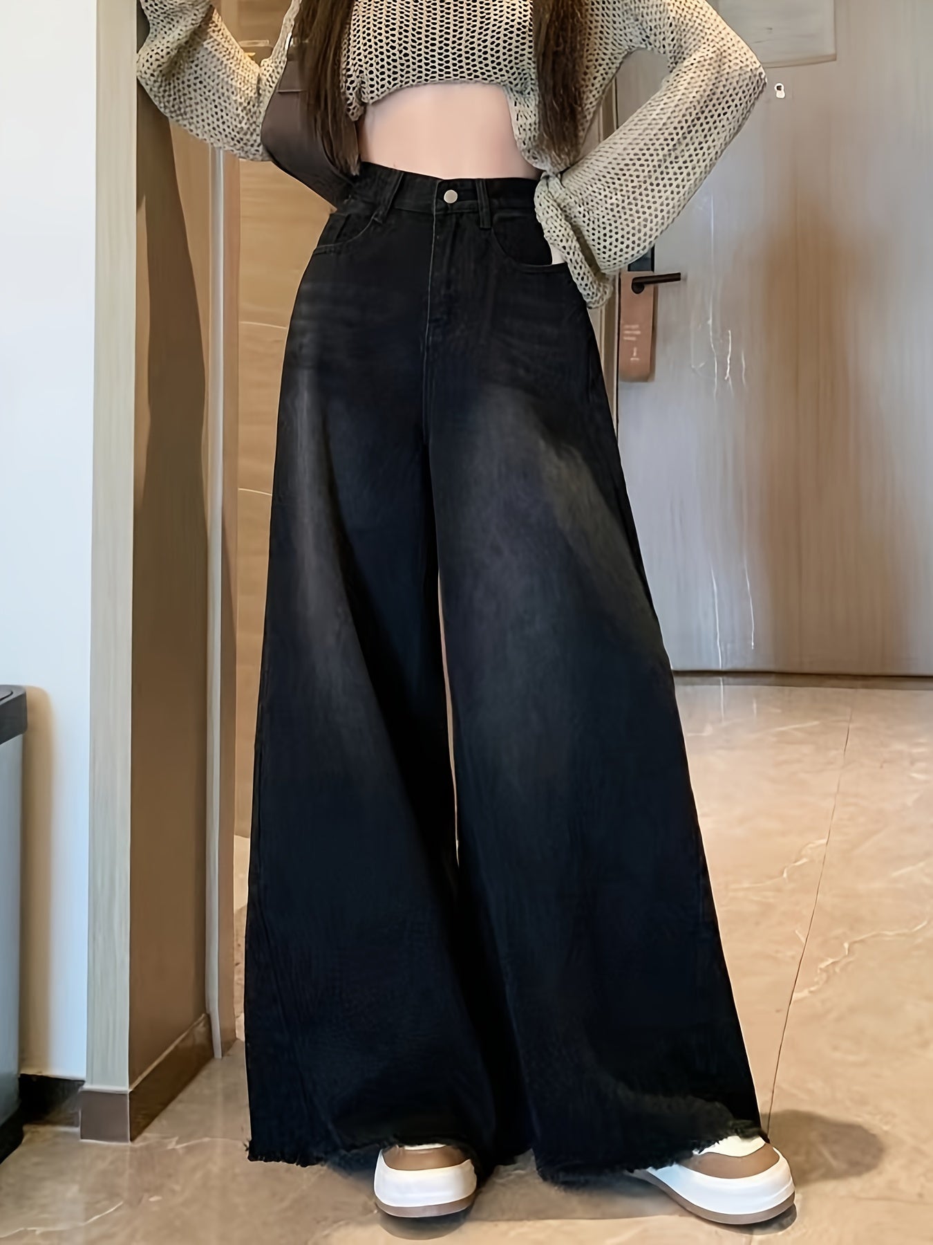 Plus Size High-Waist Wide-Leg Denim Jeans for Women Black Gray Frayed Hem