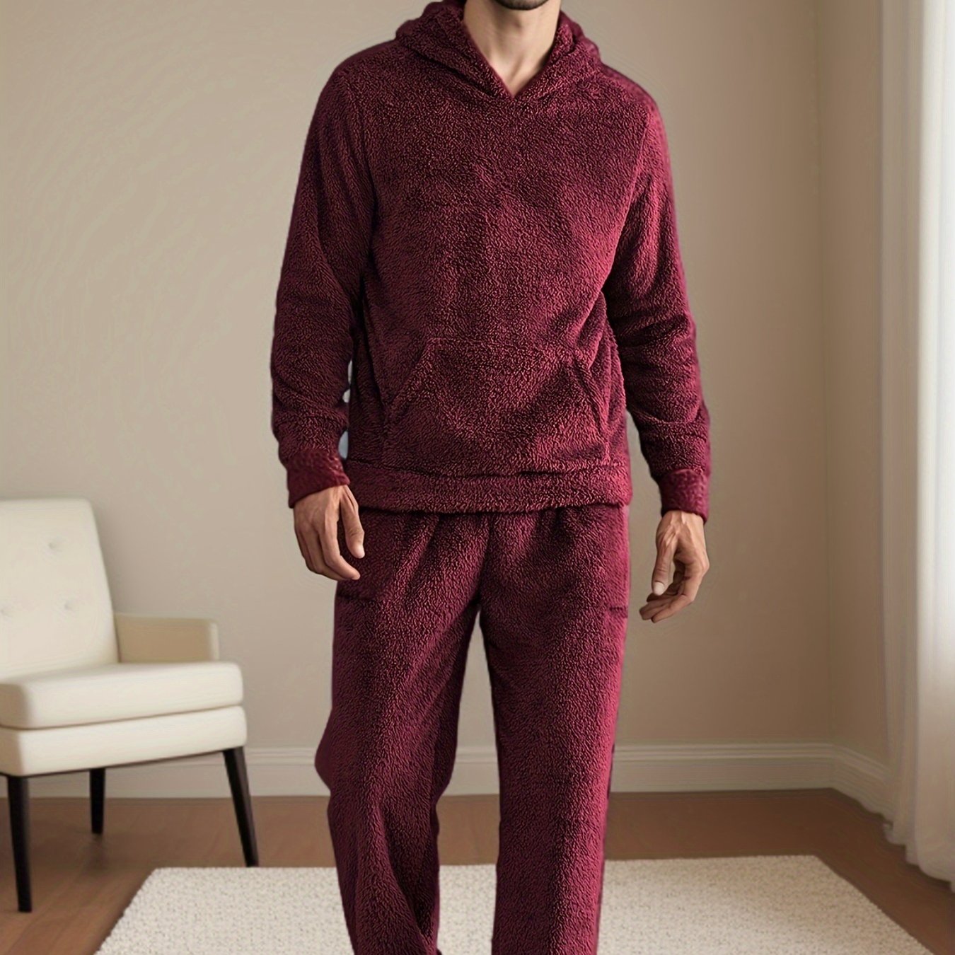 Men's Plush Fleece Hooded Pajama Set with Pockets for Winter Sleepwear