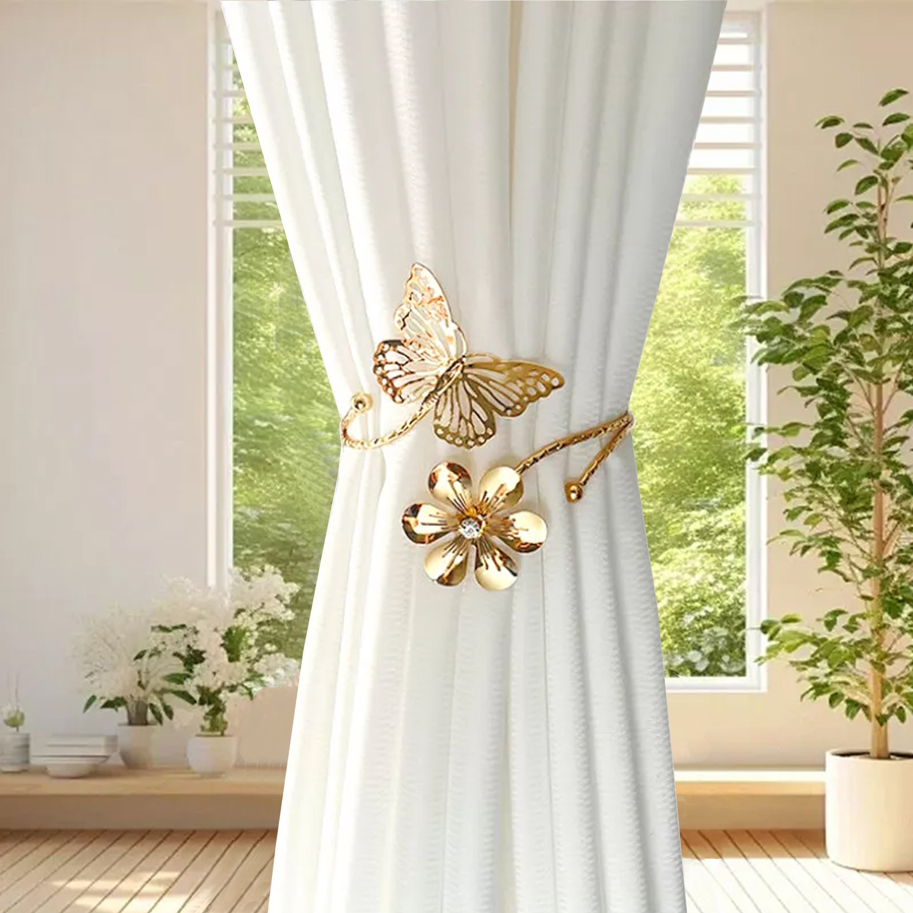Modern Minimalist Curtain Tiebacks with Butterfly and Flower Design, Adjustable, Easy Install