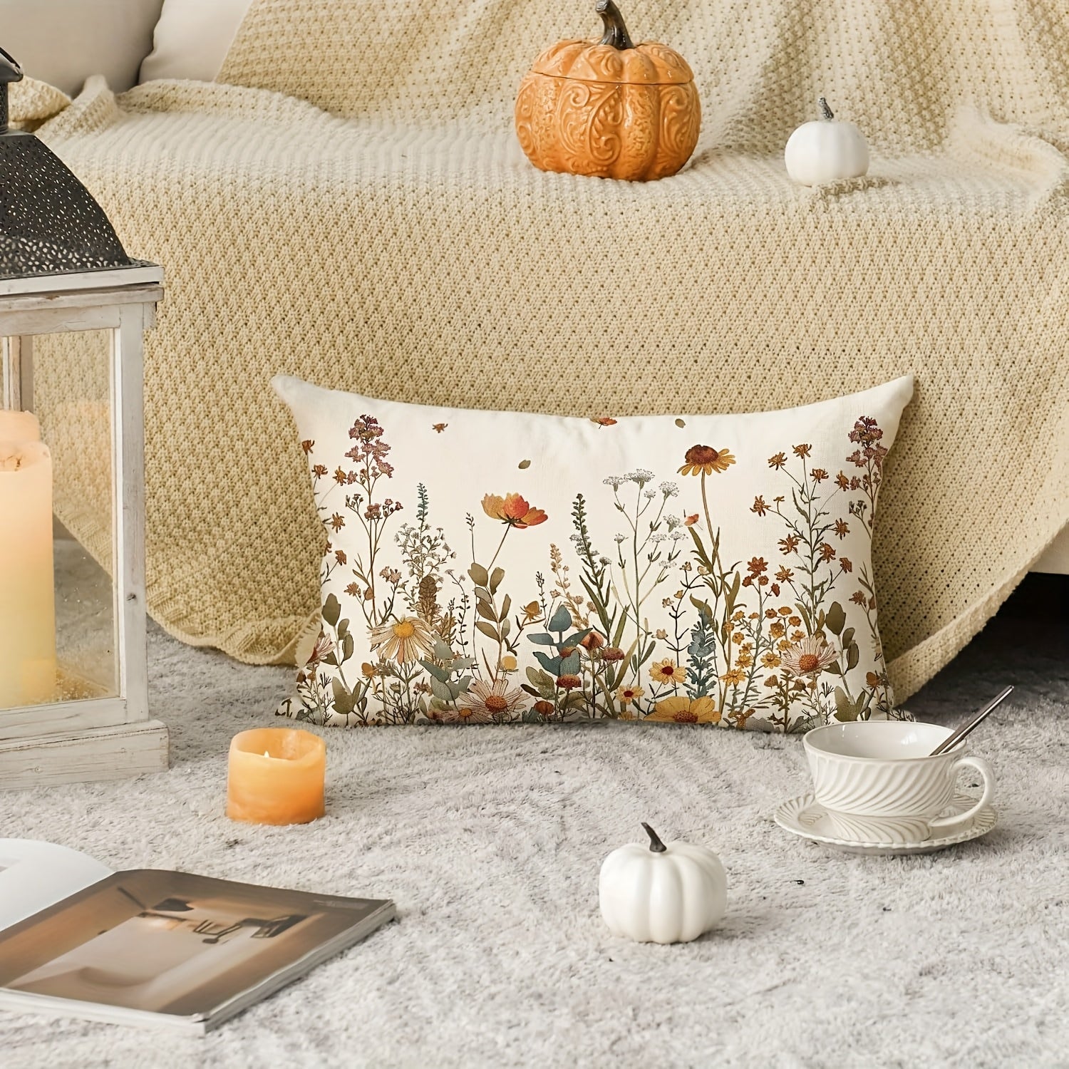 Linen Cushion Cover Floral Throw Pillow Case for Sofa Home Decor 12x20 Inches