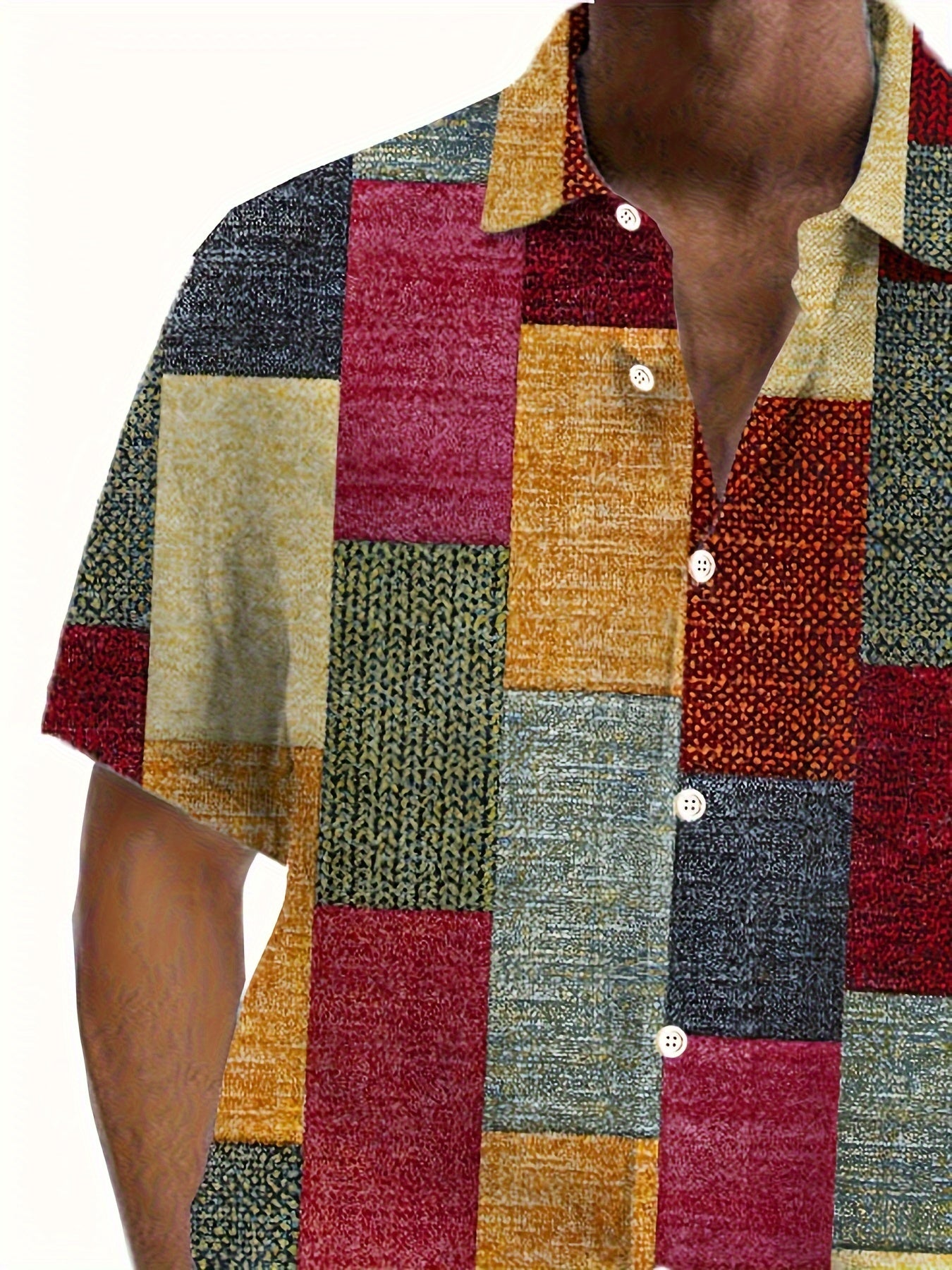 Erkaklar uchun Katta Tugmachali Cho'ntakli Ko'ylak, Retro Geometrik Print bilan