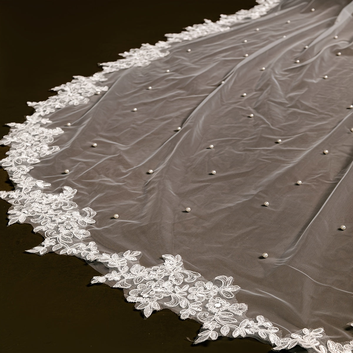 Handcrafted Bridal Wedding Veil with Beading and Lace Trim for Weddings