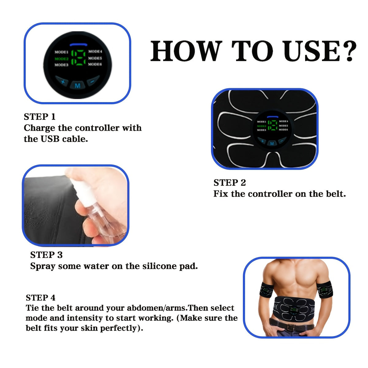 USB zaryadlash massaj kamarlarining uch qismli to'plami, o'nta massaj rejimi, EMS mushak stimulyatsiya funksiyasi, 6 ta massaj rejimi va 18 ta intensivlik. Uyda foydalanish uchun ideal va ajoyib sovg'a bo'ladi.